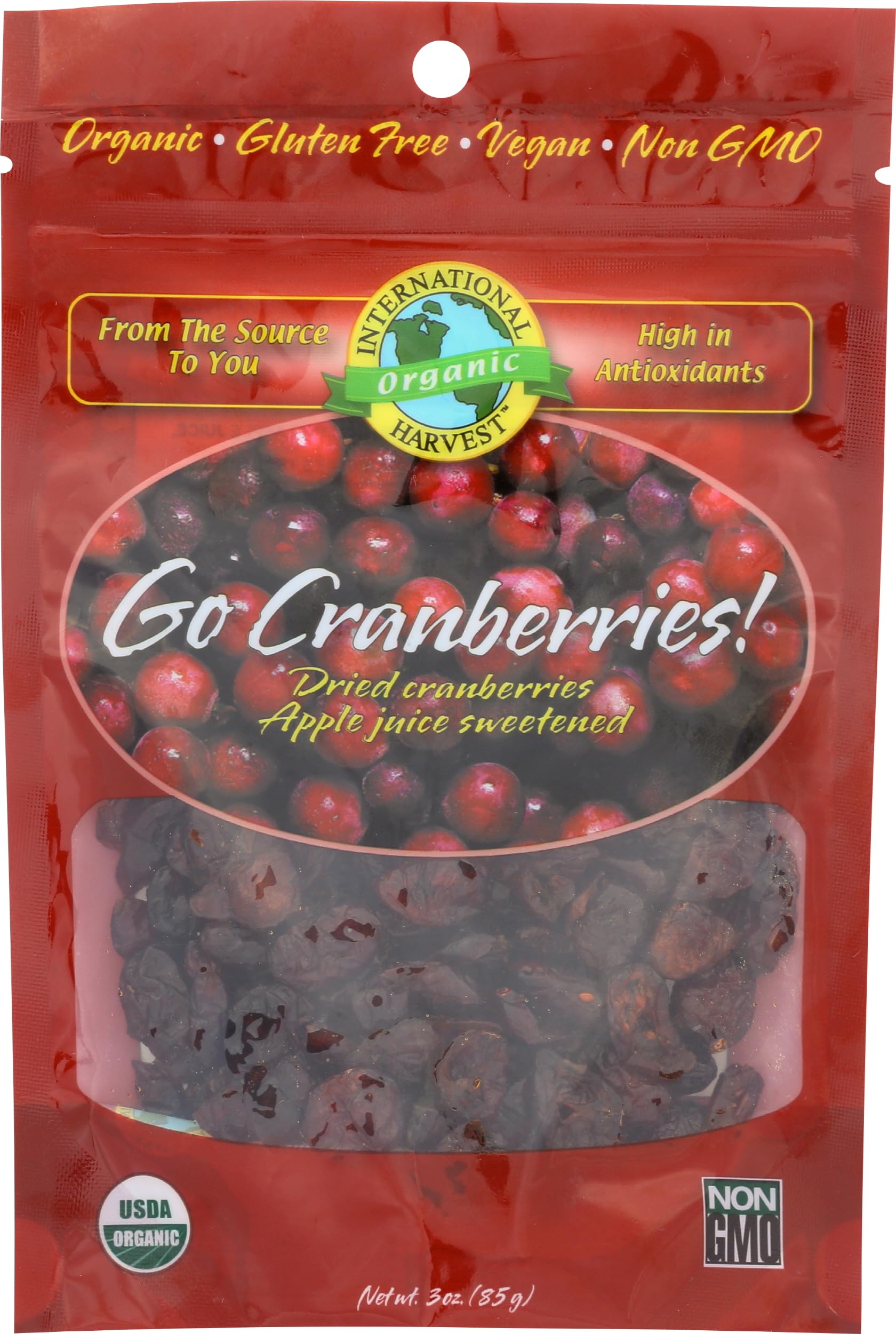 INTERNATIONAL HARVEST Organic Apple Juice Sweetened Cranberries, 3 OZ