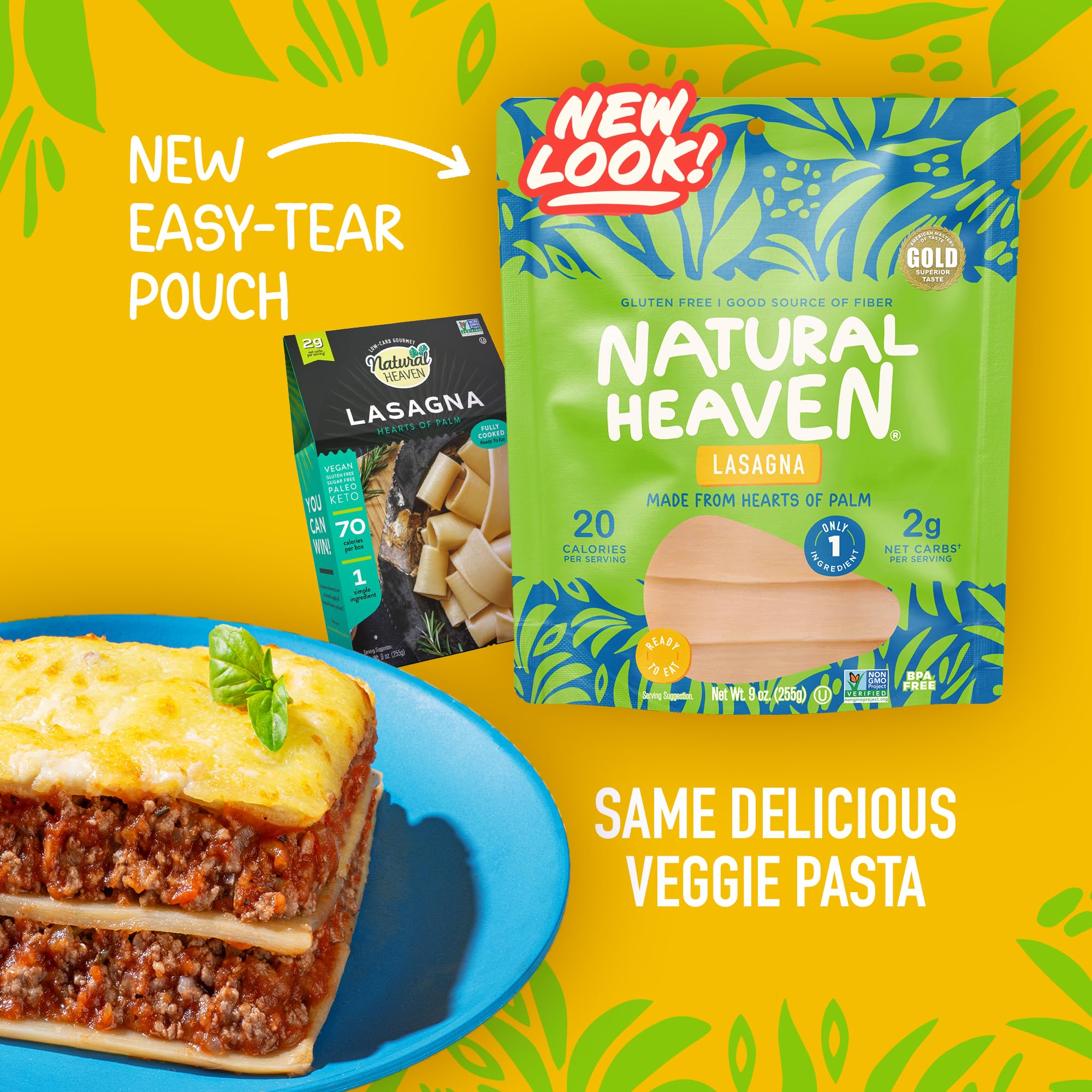Natural Heaven Lasagna Noodles, Hearts of Palm - Naturally Rich in Potassium, Low-Calorie Veggie Pasta, Keto & Gluten-Free Food, Vegan, 9 Oz Ea