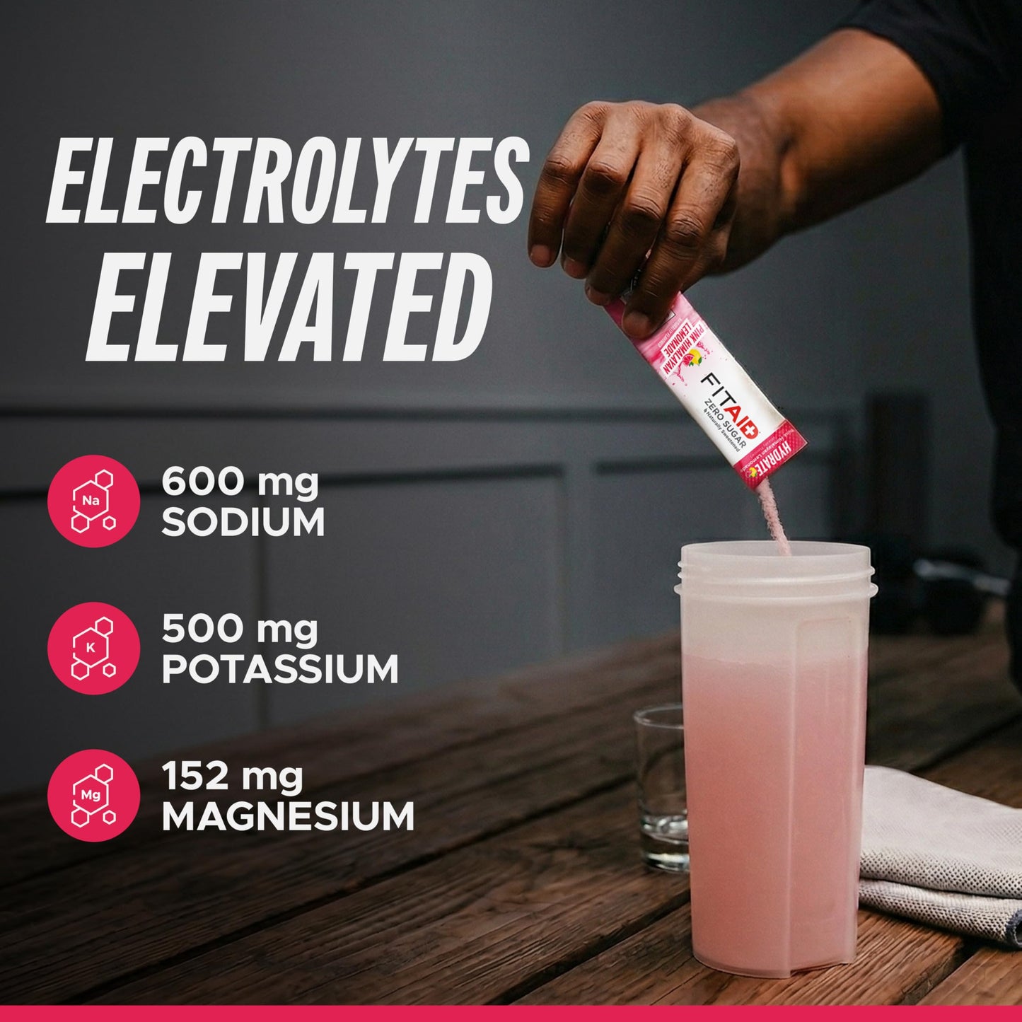 LIFEAID FITAID Hydrate Clean Electrolyte Mix, Zero Sugar, Balanced Electrolyte Ratios: 600mg Sodium, 500mg Potassium, 125mg Magnesium, Pink Lemonade