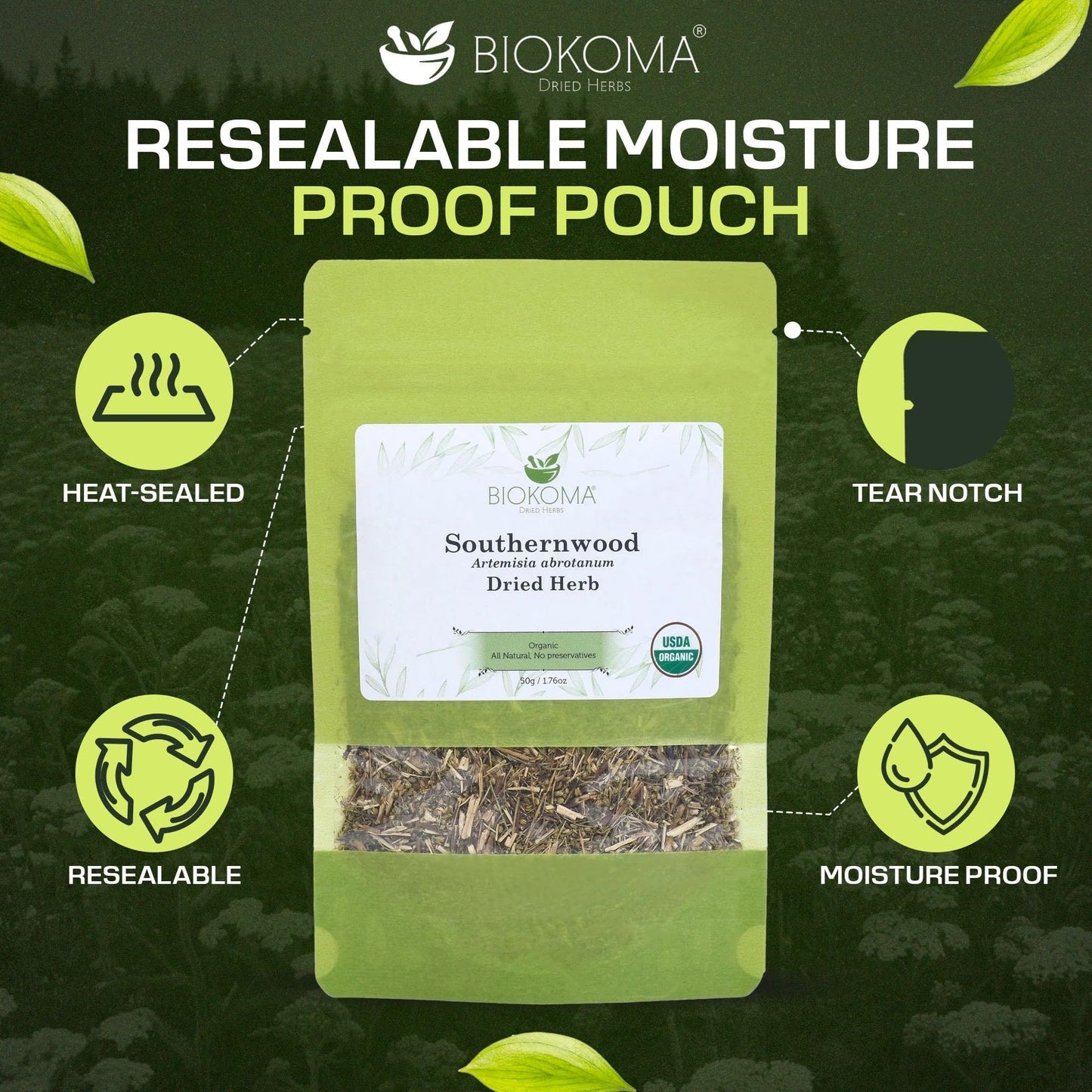 Biokoma Organic Southernwood Dried Herb 50g 1.76oz Loose Artemisia abrotanum Digestive Calming Botanical Insect Repellent USDA Organic Herbal Tea