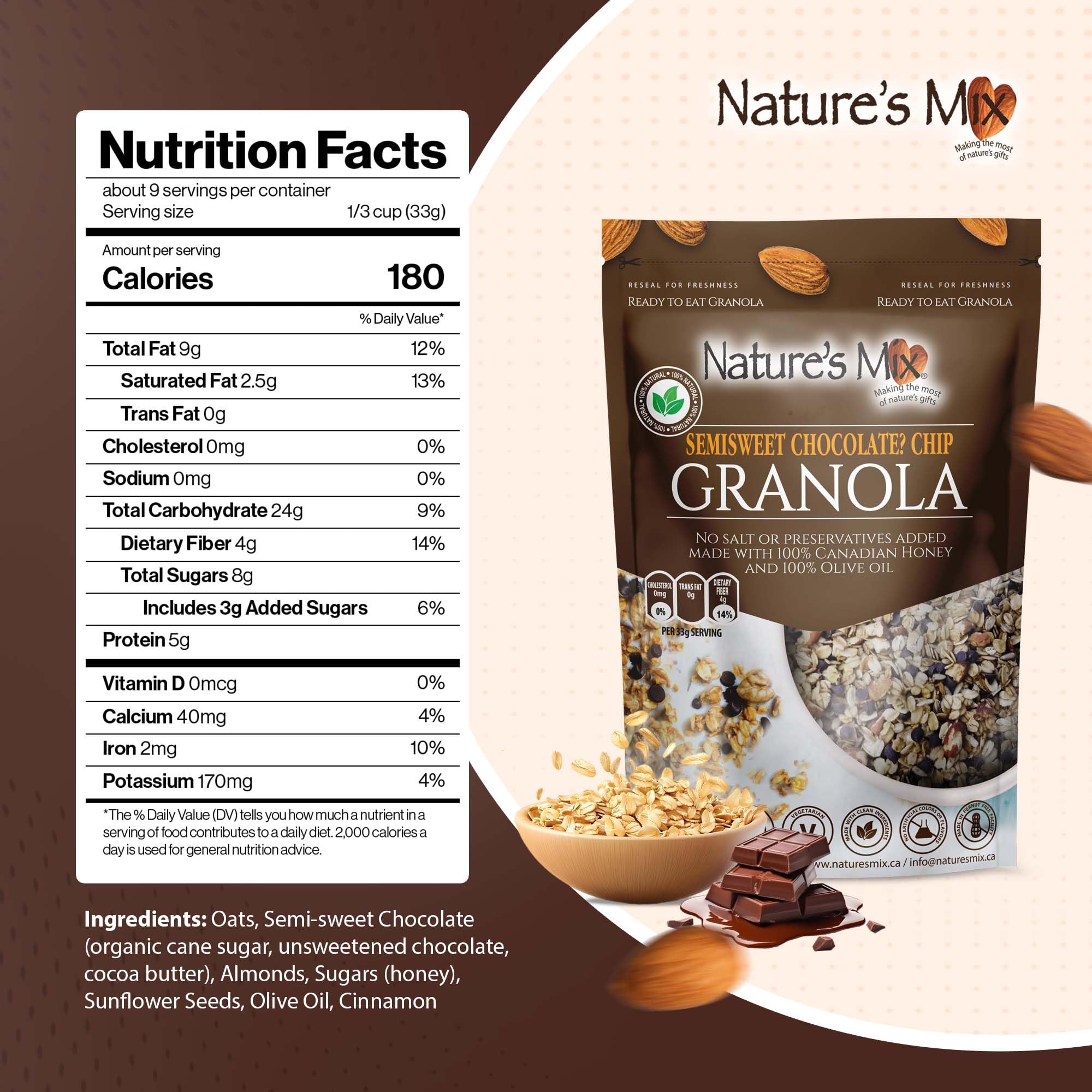 Nature's Mix - Chocolate Chip Granola - Almonds, Chocolate Chips, and Canadian Honey - Dairy and Soy Free - No Added Sugar or Preservatives - Small