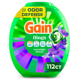Gain Flings Laundry Detergent Pods Odor Defense + Color Guard, Moonlight Breeze Scent, 3 in 1 HE Detergent Pacs with Oxi Boost and Febreeze, 112 Count