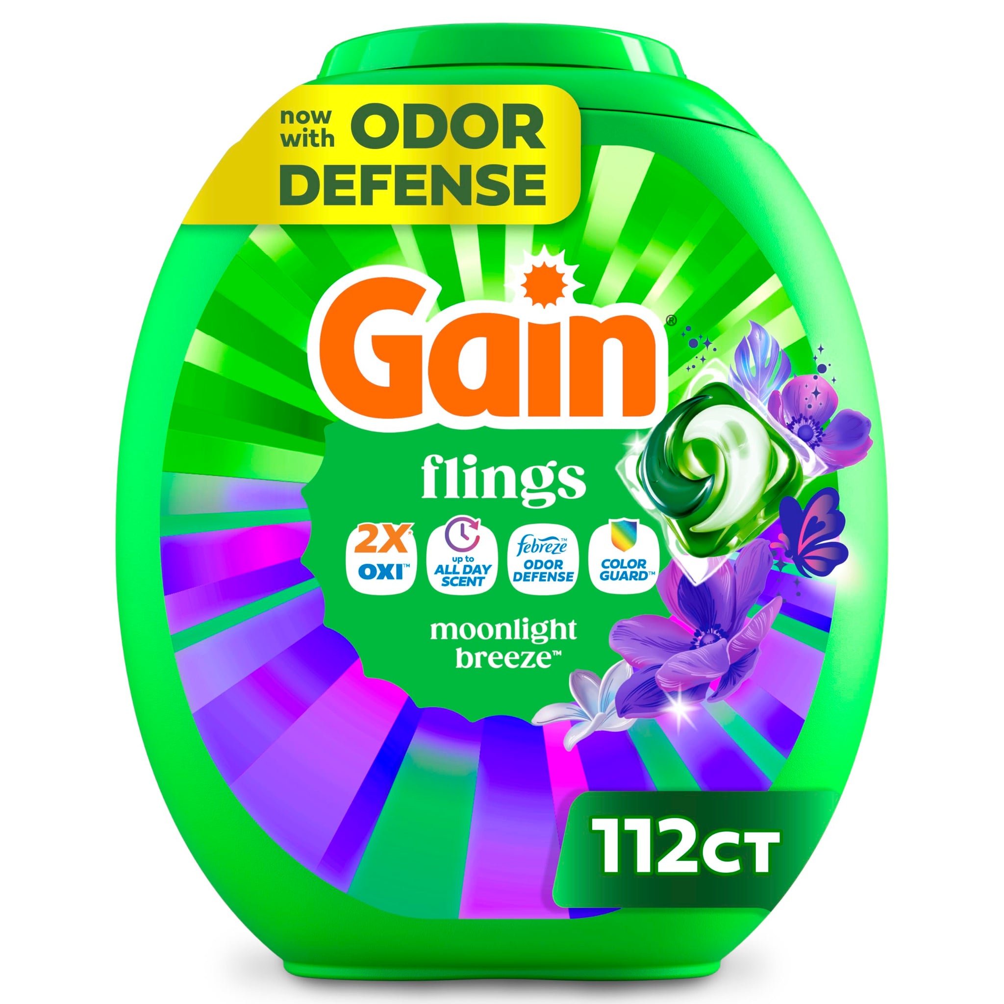 Gain Flings Laundry Detergent Pods Odor Defense + Color Guard, Moonlight Breeze Scent, 3 in 1 HE Detergent Pacs with Oxi Boost and Febreeze, 112 Count