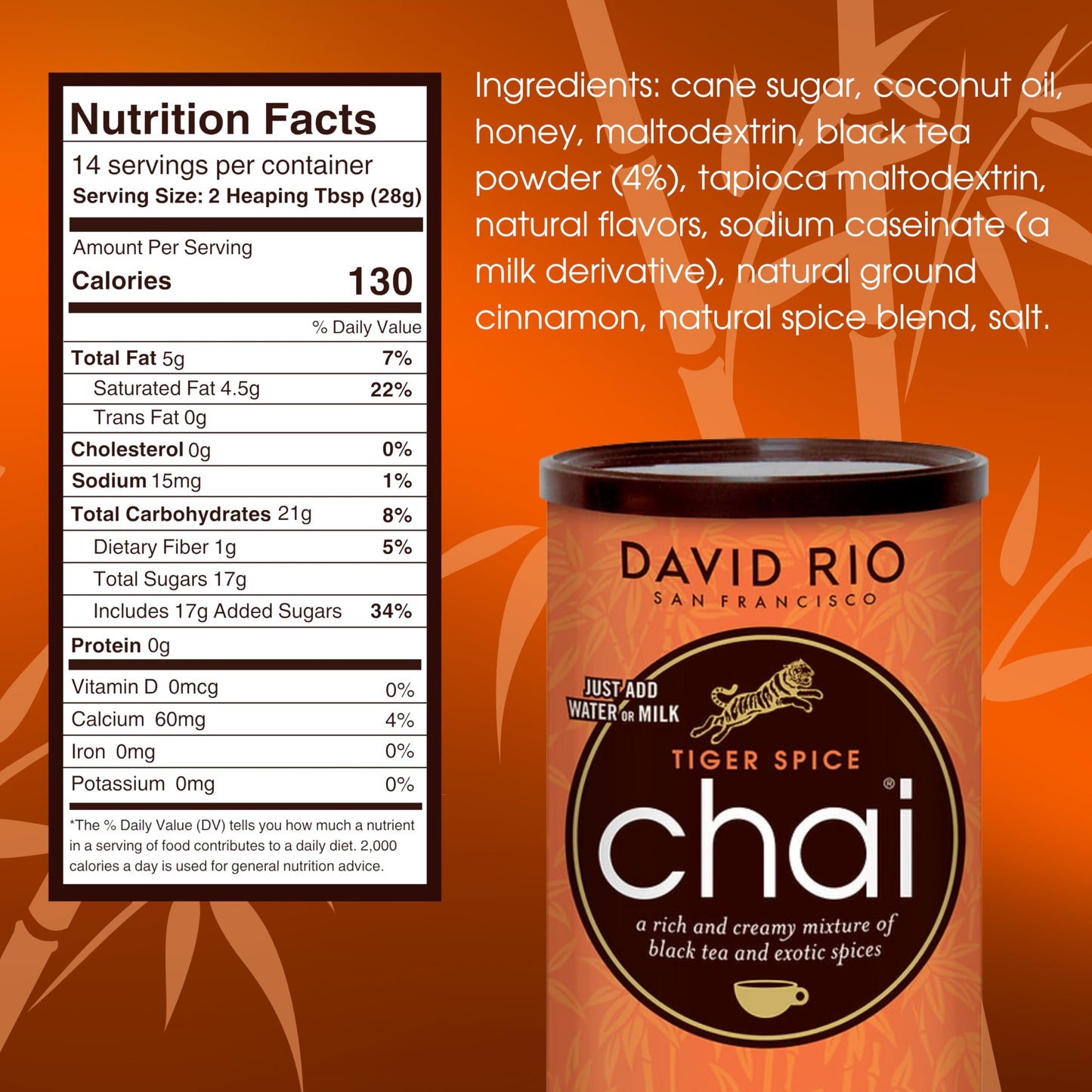 Tiger Spice Chai Tea Latte Mix, 14 Oz, Black Tea, Organic Spices, Dairy Free, Serve Hot or Cold, Just Add Water or Milk, 14 Servings