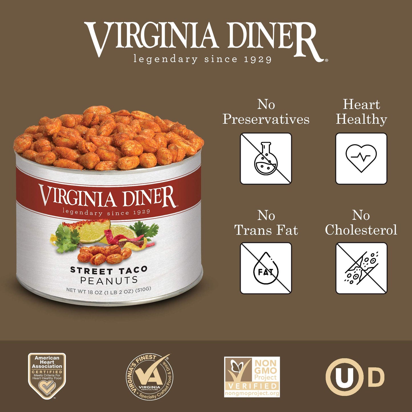 Virginia Diner Flavored Peanuts: Gourmet Street Taco Seasoning, Virginia Nuts, 18 Ounce Tin