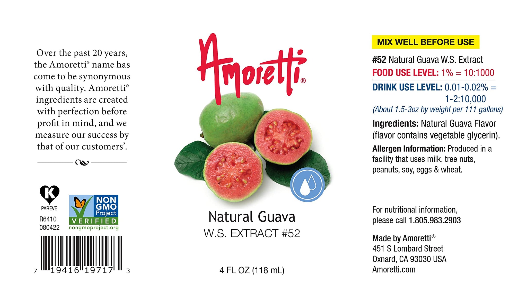 Amoretti - Guava Extract Water Soluble 2 oz - Highly Concentrated & Perfect For Pastry, Savory, Brewing, and more, Preservative Free, Vegan, Kosher