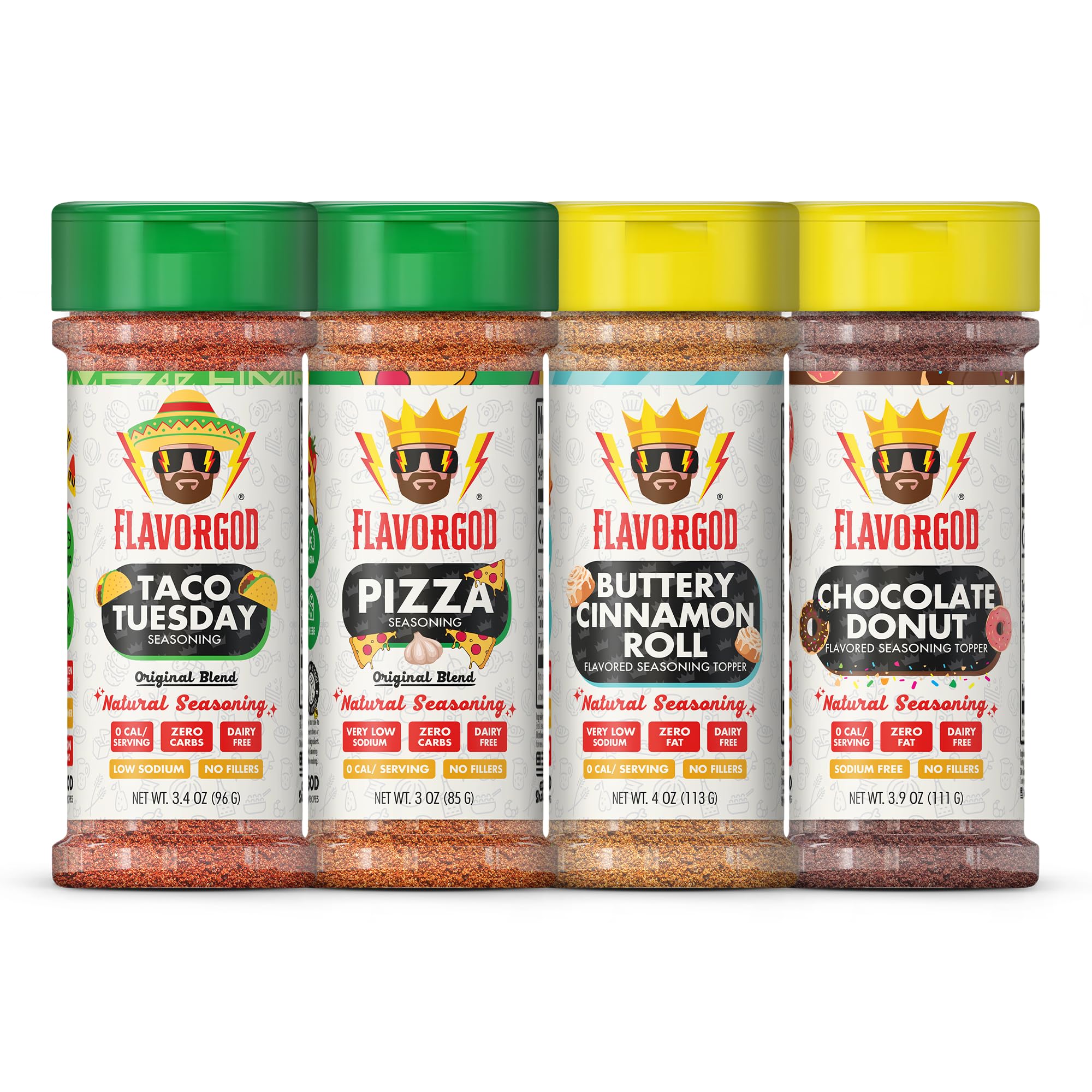 Flavor God Munchies Combo Pack Of 4, Seasoning Gift Set, Taco Tuesday, Pizza, Buttery Cinnamon Roll, Chocolate Donut, Natural Healthy Spice Blend, Low