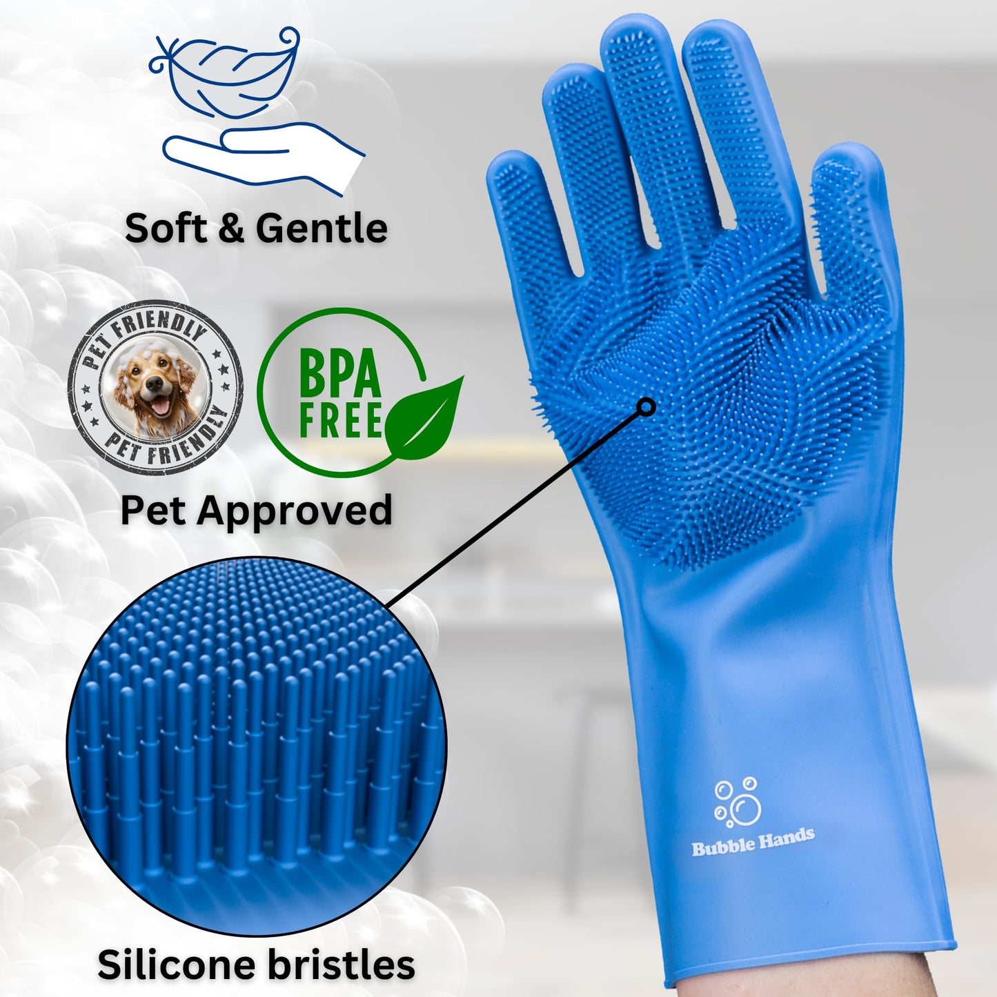 Bubble Hands Dog Washing Gloves with Bristle Scrubbers, Reusable Silicone Gloves Ideal for Pet Bathing, Massaging & Grooming (Blue)