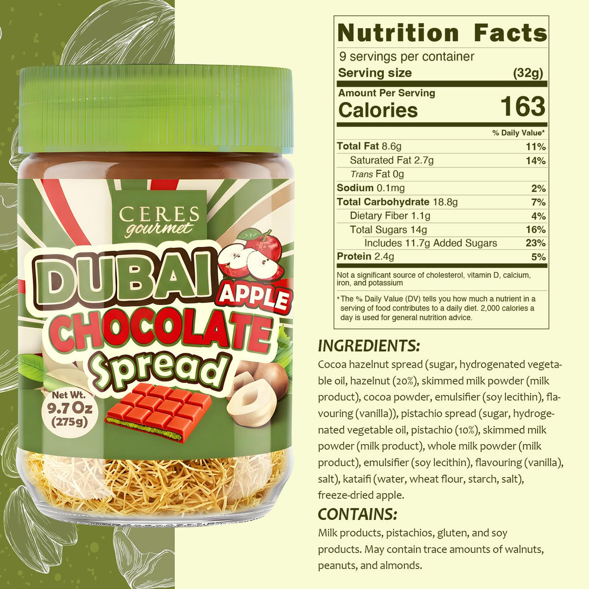 Dubai Spreadable Chocolate with Freeze Dried Apple - Premium Pistachio Spread with Roasted Phyllo, Gourmet Breakfast Chocolate (9.7 oz / 275 g)