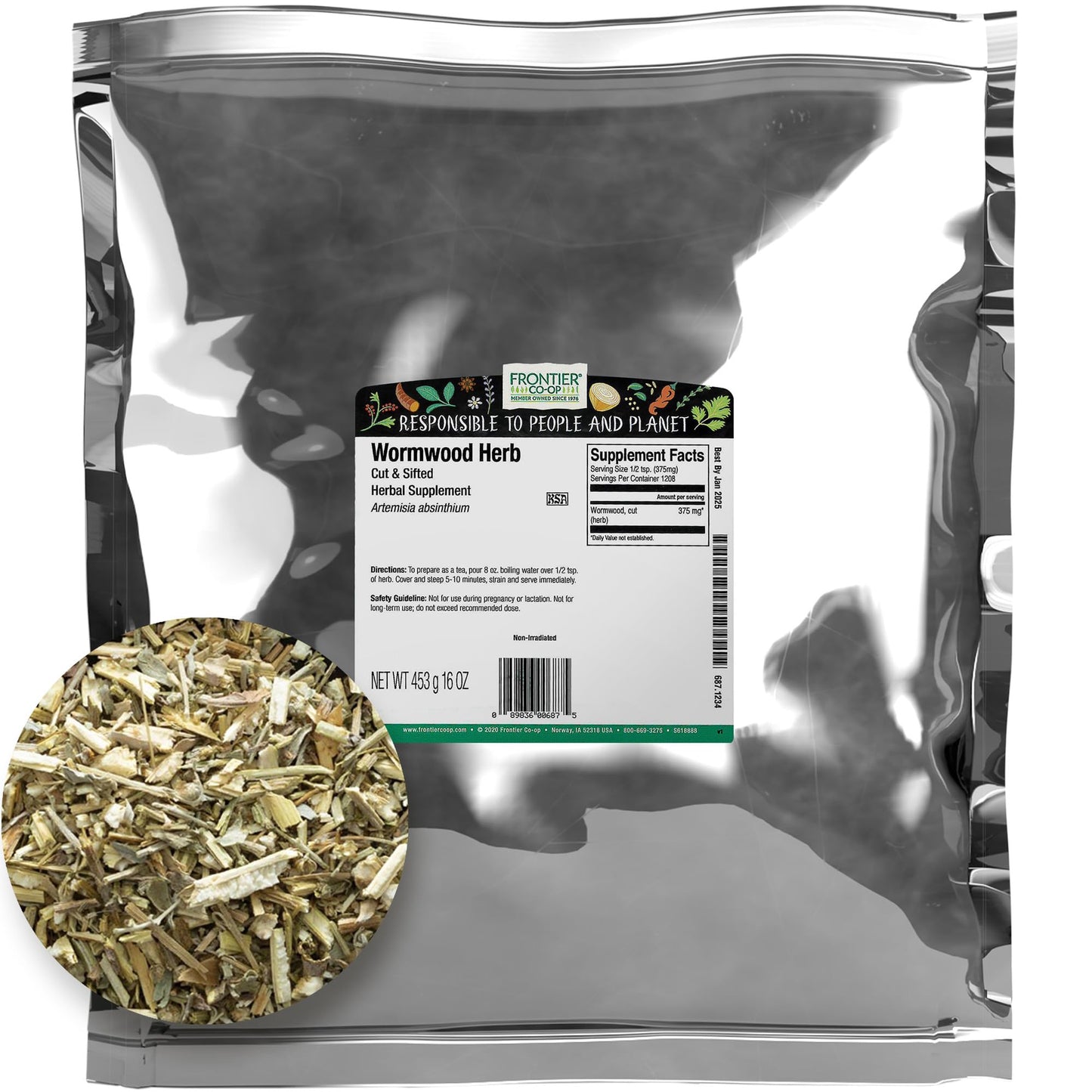 Frontier Co-op Wormwood Herb Bulk Bag, Cut & Sifted, Wormwood Tea and Herbal Uses, Kosher | 16 Ounce (Pack of 1)