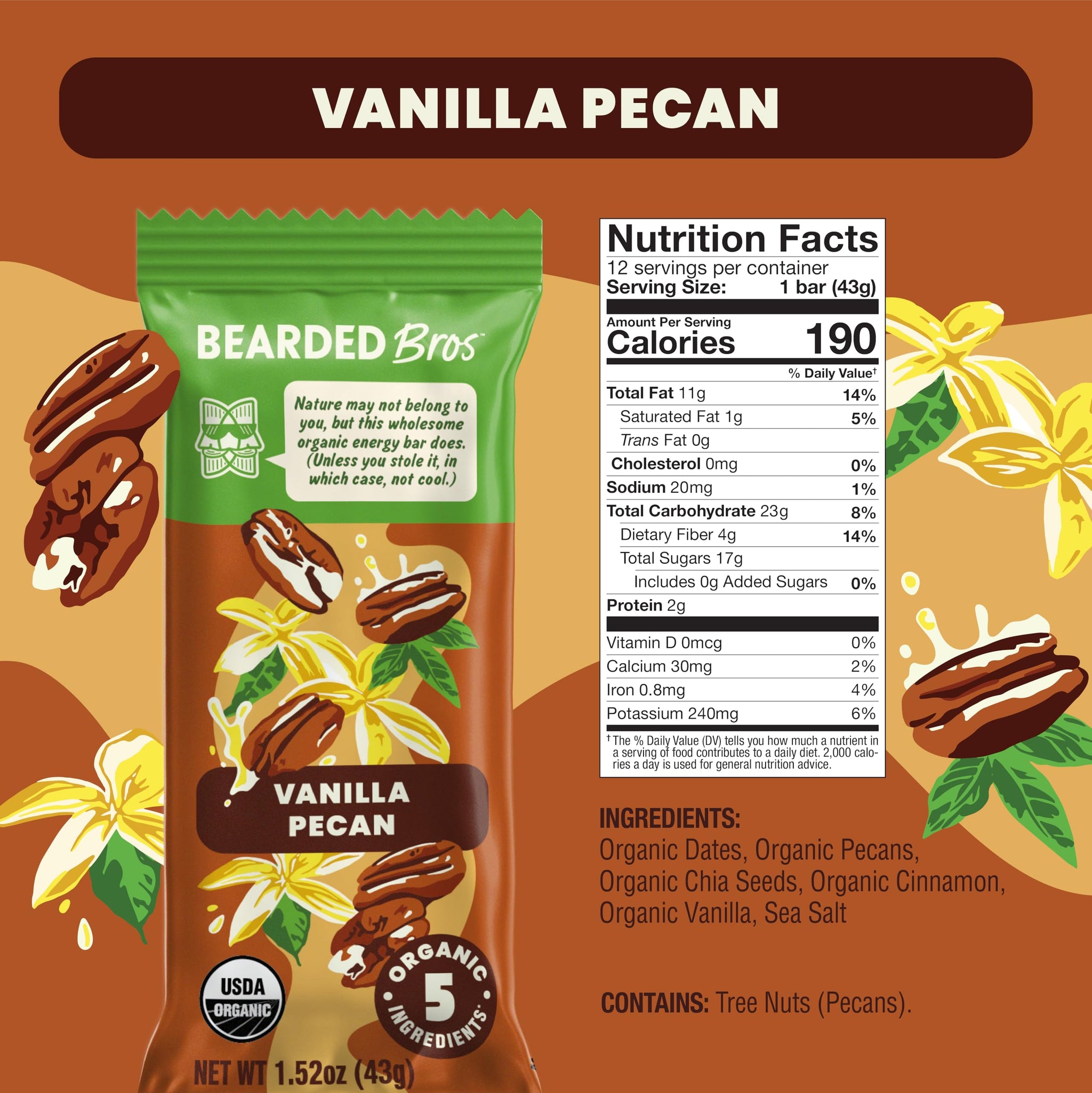 Bearded Brothers Organic Vegan Protein Energy Bars - Gluten Free, Paleo, Fiber, Whole 30 | Non GMO, Soy Free, Low Snacks | 12 Pack Vanilla Pecan