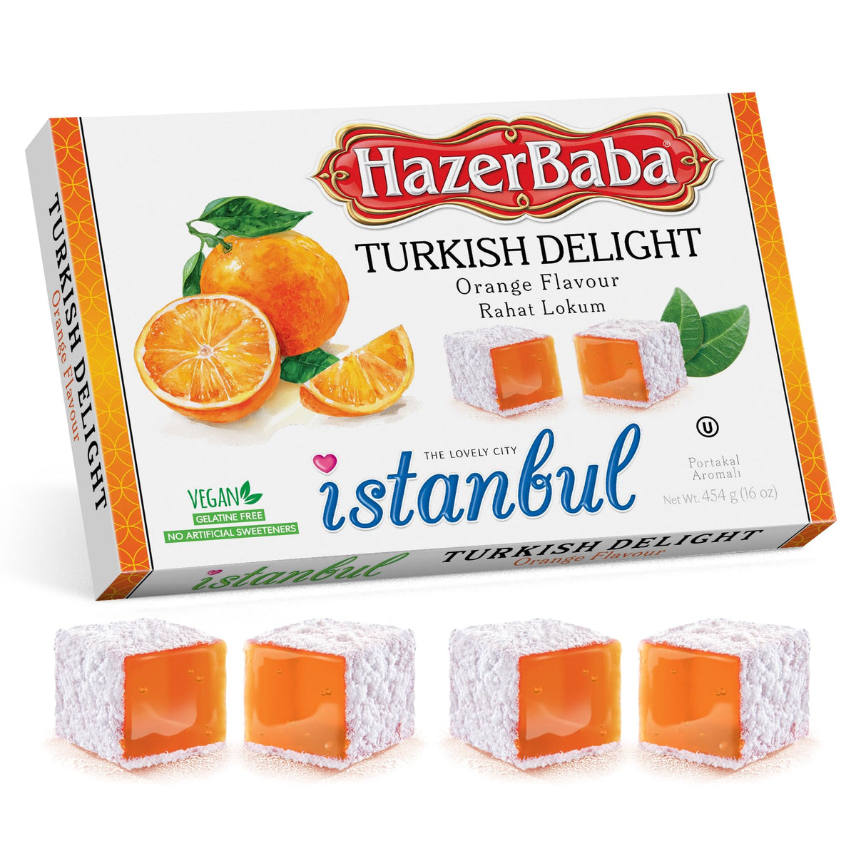 HazerBaba Turkish Delight Candy Orange, 16 Oz (Pack of 1), Vegan Snack Box