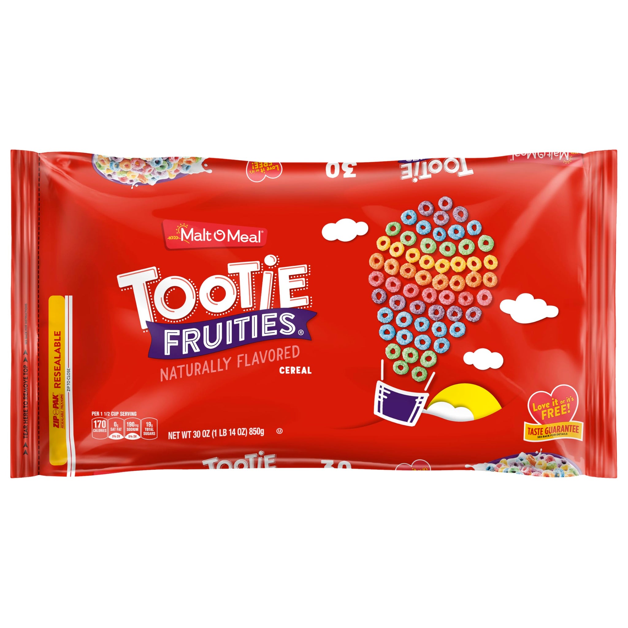 Malt-O-Meal Tootie Fruities Breakfast Cereal for Kids, Colorful and Fruity, Family Size, 30 oz Resealable Bag