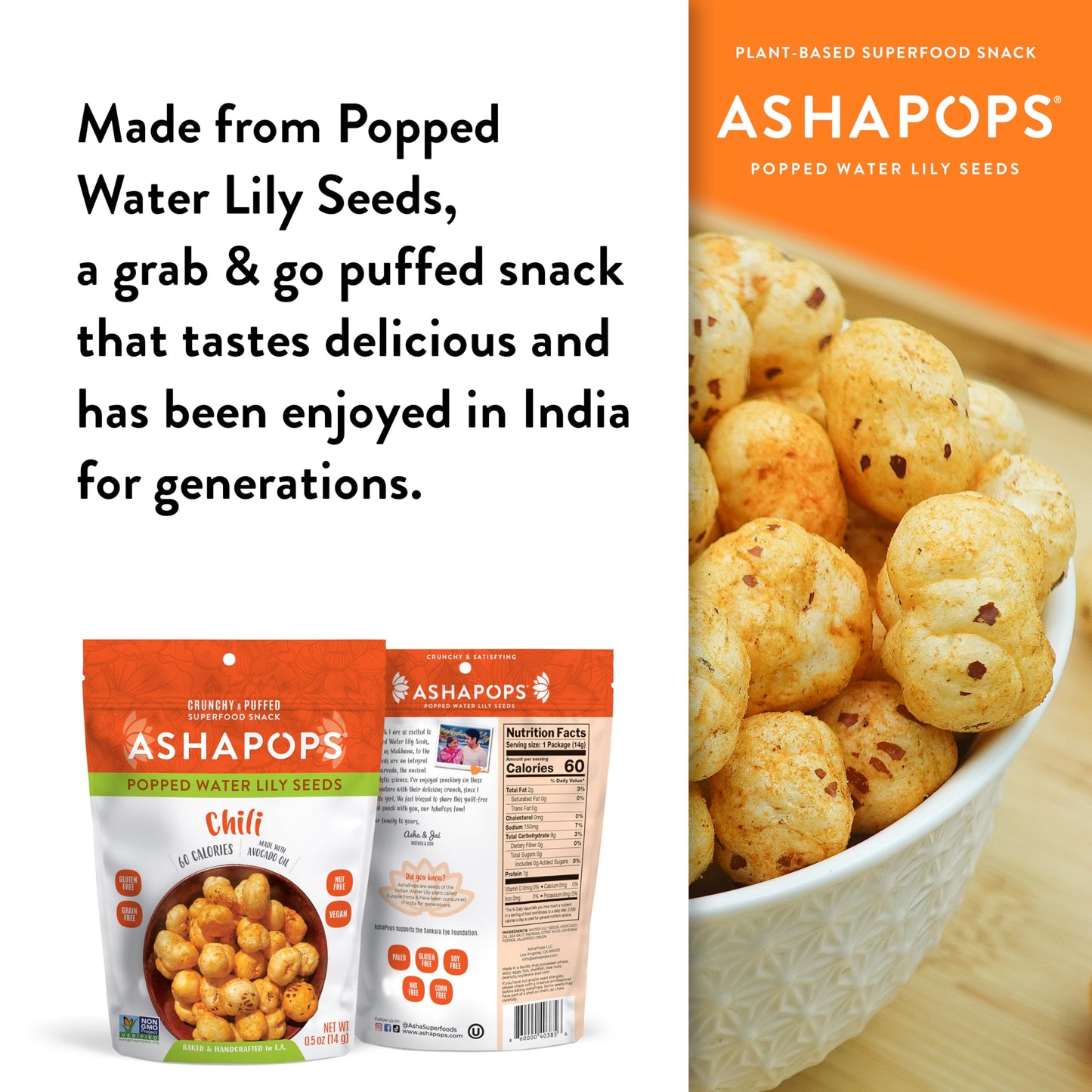 AshaPops Chili Flavored Popped Water Lily Seeds, 0.5 oz (Pack of 12) - Gluten-Free, Vegan, Paleo, Nut-Free, Corn-Free, Soy-Free, Non-GMO, Delicious