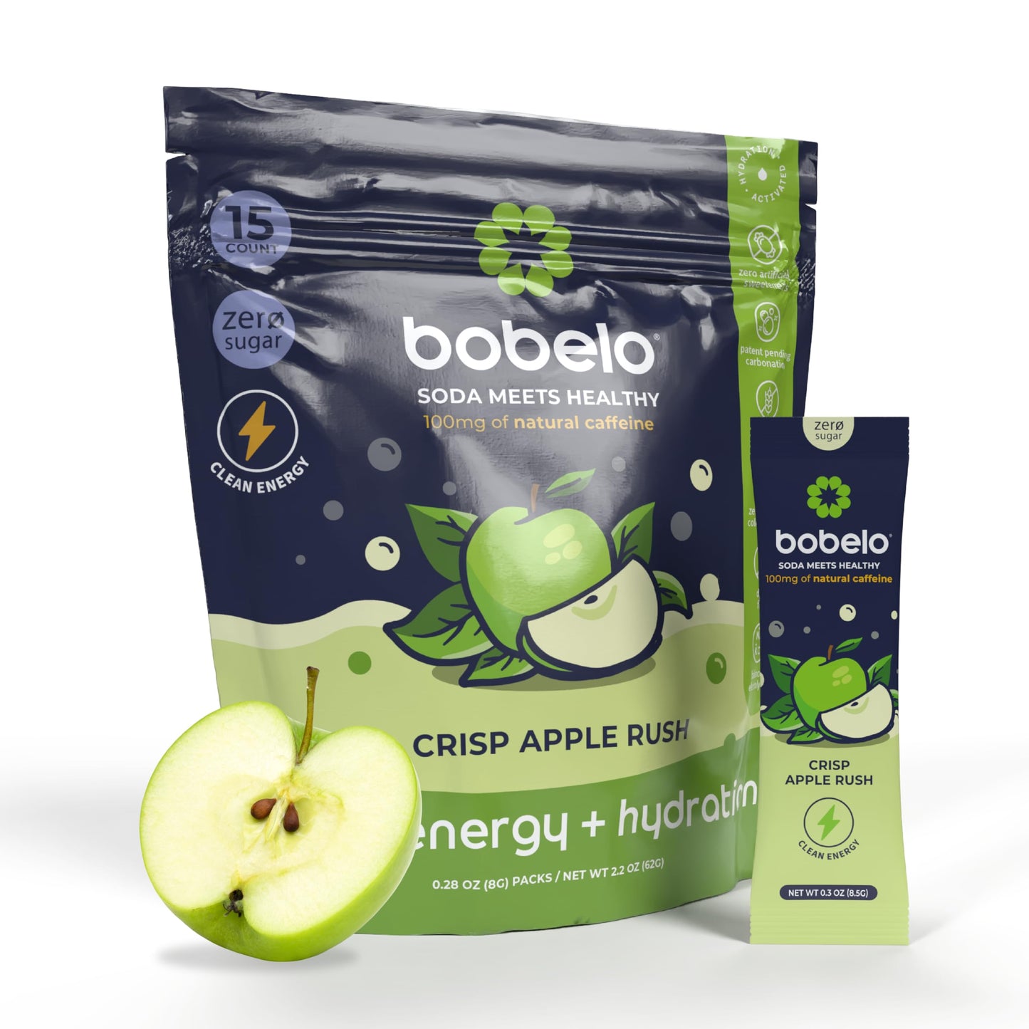 Bobelo Self Carbonating, Hydration Electrolytes Powder Drink Mix, Crisp Apple Rush, 100mg Guarana Caffeine, Sugar Free, 15 Pack
