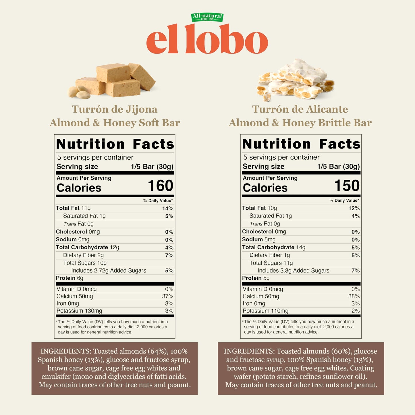 El Lobo Turron Alicante & Jijona Variety Pack, Spanish Hard & Soft Almond Nougat - Traditional Crunchy & Creamy Turrone From Spain, Gluten Free, 2