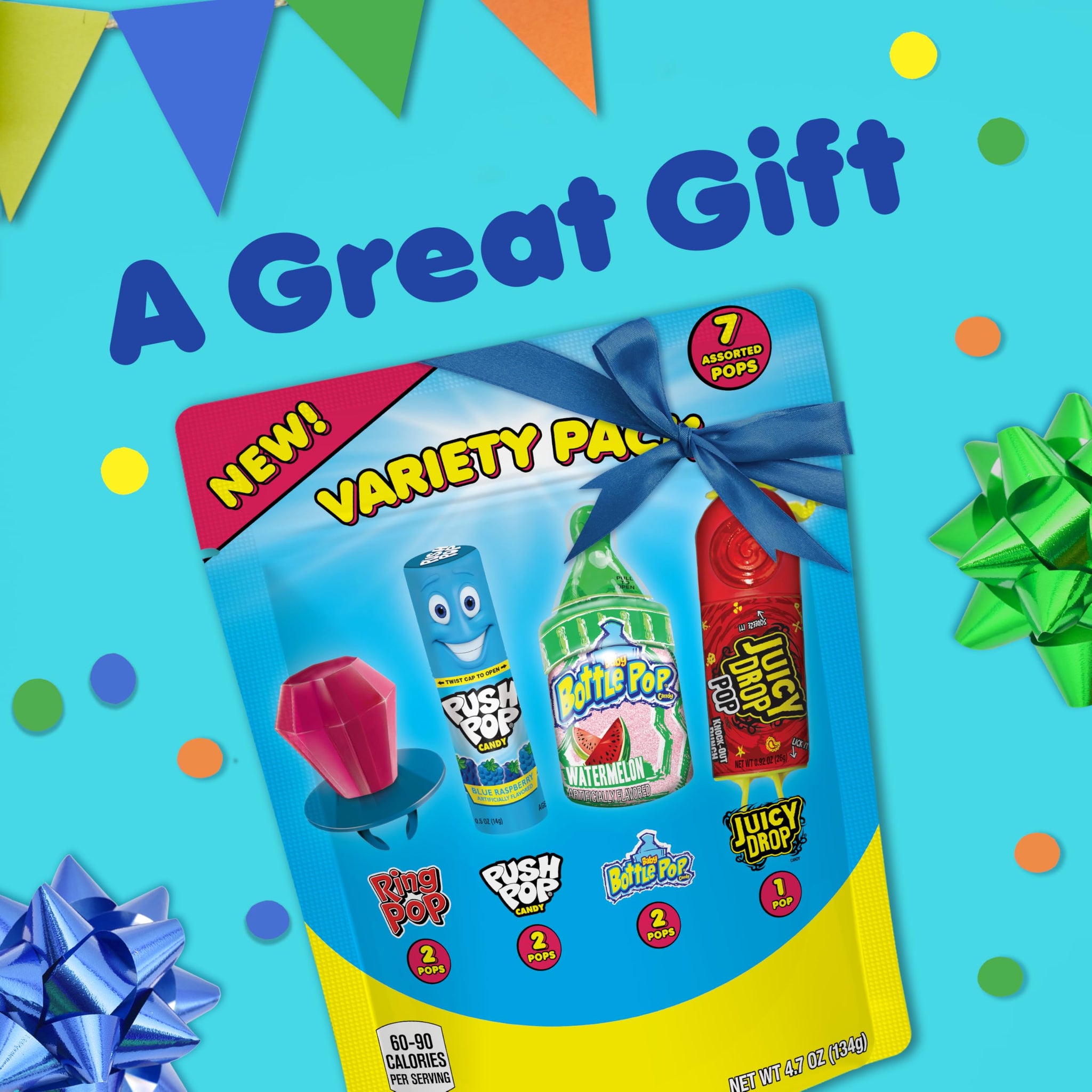 Bazooka Assorted Candy Variety Pack - 7 Ct Individually Wrapped Lollipops & Suckers - Ring Pop, Push Pop & Juicy Drop Sweet Snacks For Kids Party