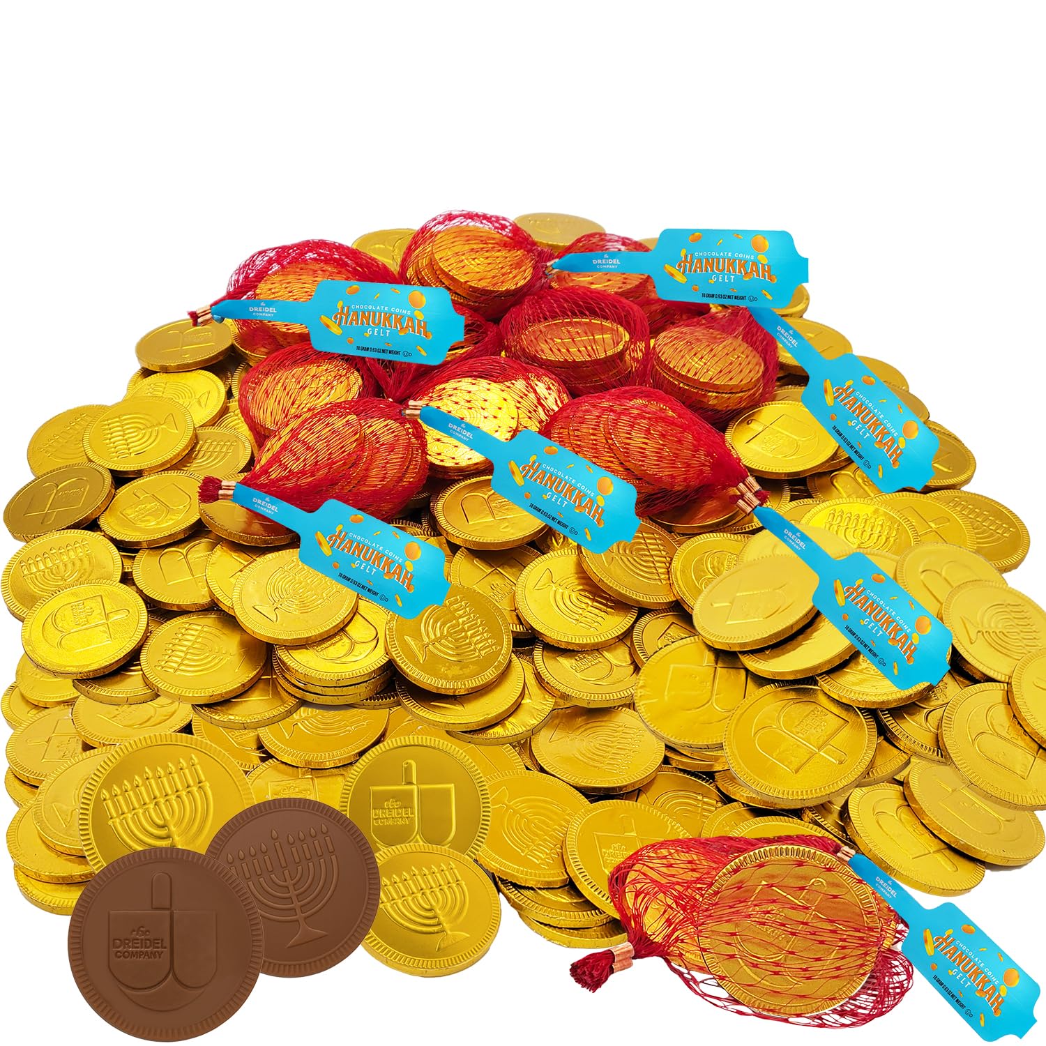 The Dreidel Company Hanukkah Chocolate Gelt, 24-Mesh Bags of Milk Chocolate Coins, Kosher Certified OU-D Dairy Dreidel and Menorah Design Chanukah
