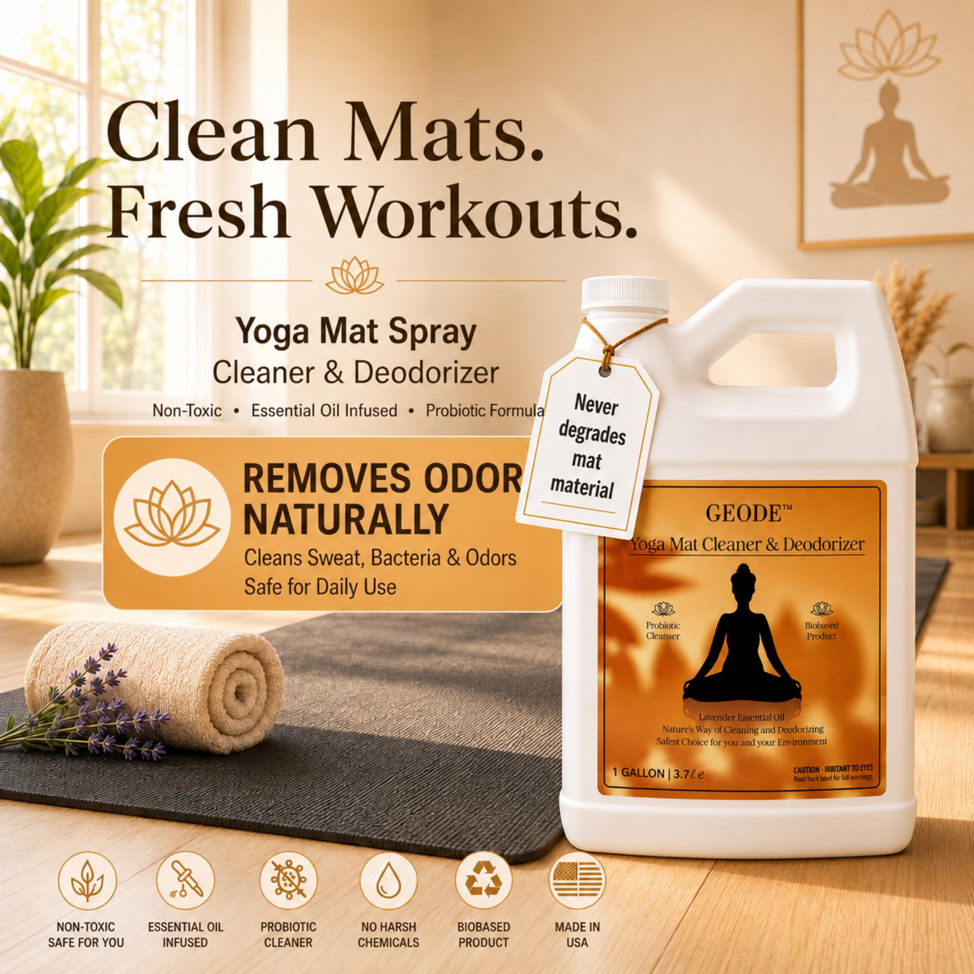 Yoga Mat Cleaner & Deodorizer Spray - Lavender Essential Oil Formula for Yoga Mats, Pilates Reformers & Gym Equipment - Natural No-Residue Workout Mat