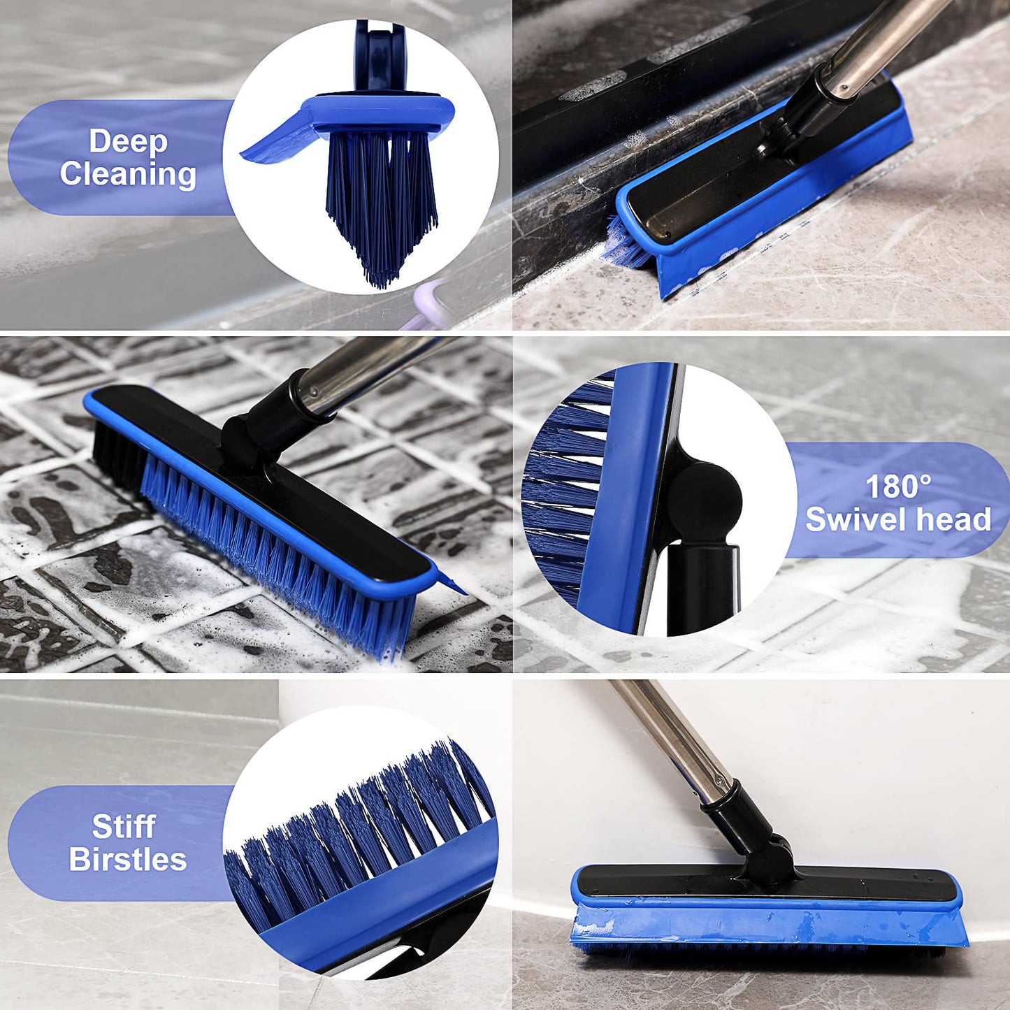 2 in 1 Floor Scrub Brush Grout Brush with 57.8" Long Handle,120°Rotatable Shower Tile Grout Scrubber,V-Shaped Corner Brush for Hard to Reach Areas
