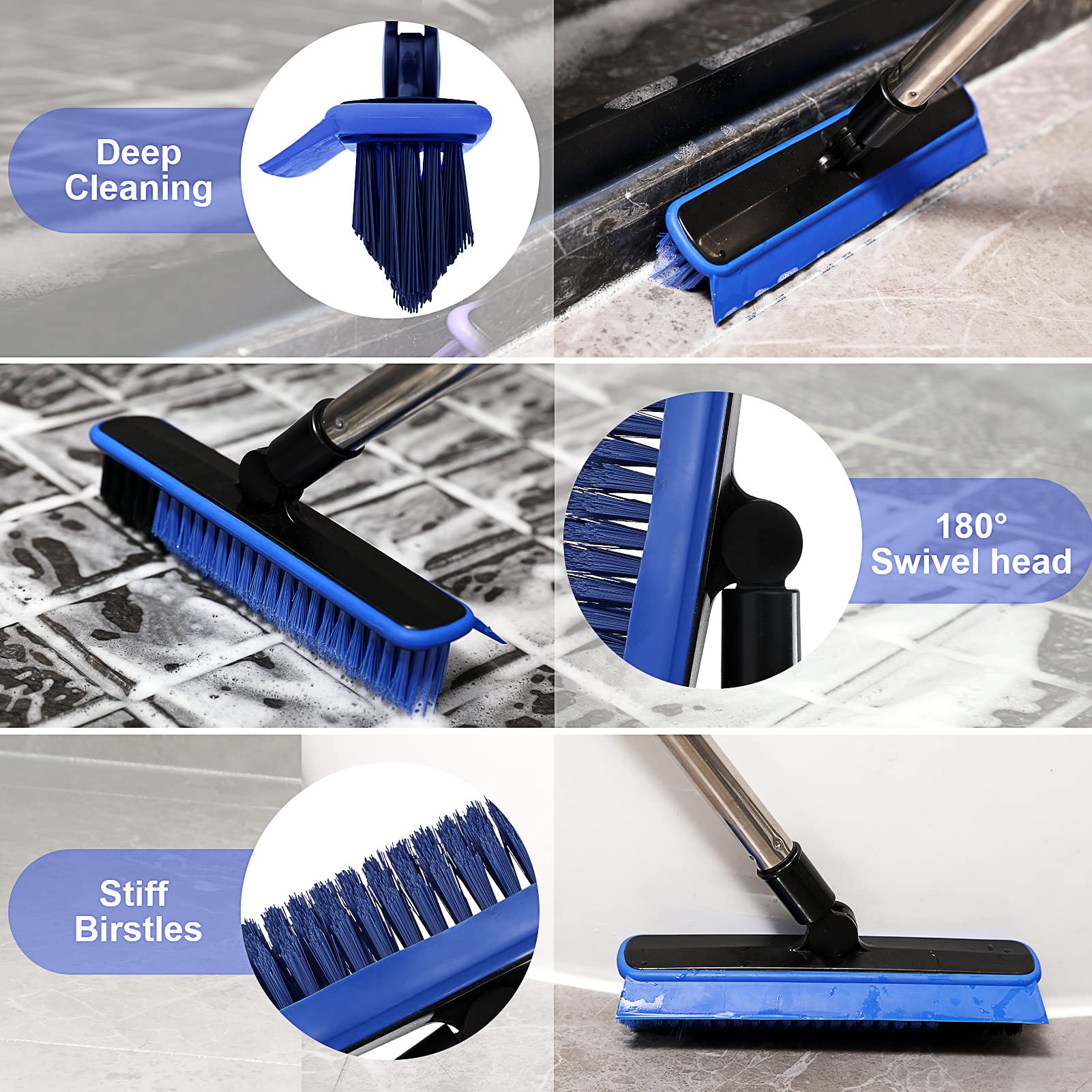 2 in 1 Floor Scrub Brush Grout Brush with 57.8" Long Handle,120°Rotatable Shower Tile Grout Scrubber,V-Shaped Corner Brush for Hard to Reach Areas
