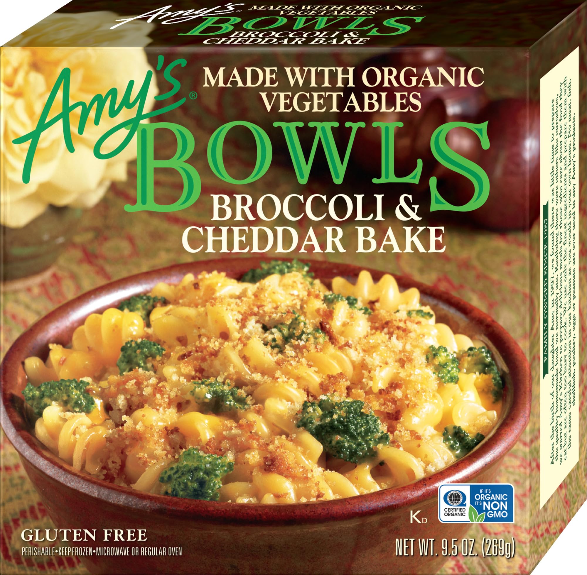 Amy's Frozen Meals, Broccoli & Cheddar Bake Bowl, Made With Organic Vegetables, Microwave Meals, 9.5 Oz