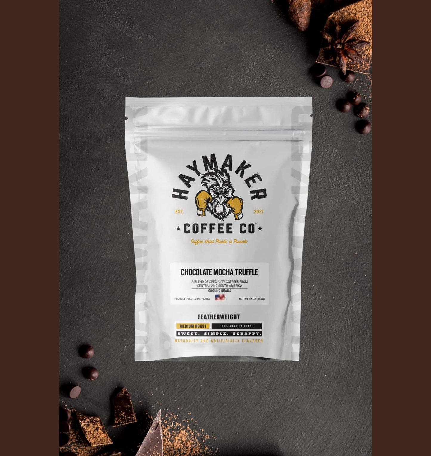 Haymaker Coffee, Chocolate Mocha Truffle, Ground, 12 Ounce, Roasted in USA