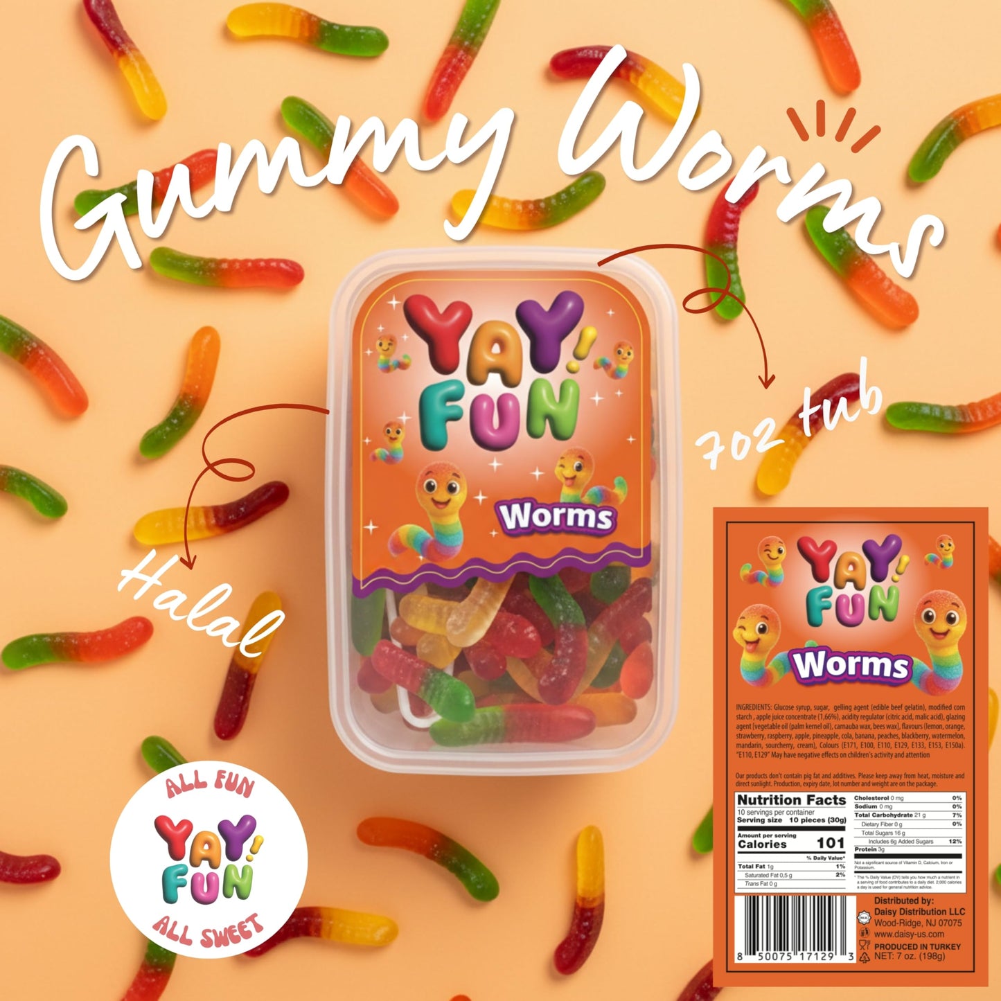 Halal Gummy Worms | 6 Pack Bundle (6x7 oz Tubs) | Colorful Fruit-Flavored Gummy Worms | Resealable Tubs in Bulk with Display Box | Halal Bulk Gummy