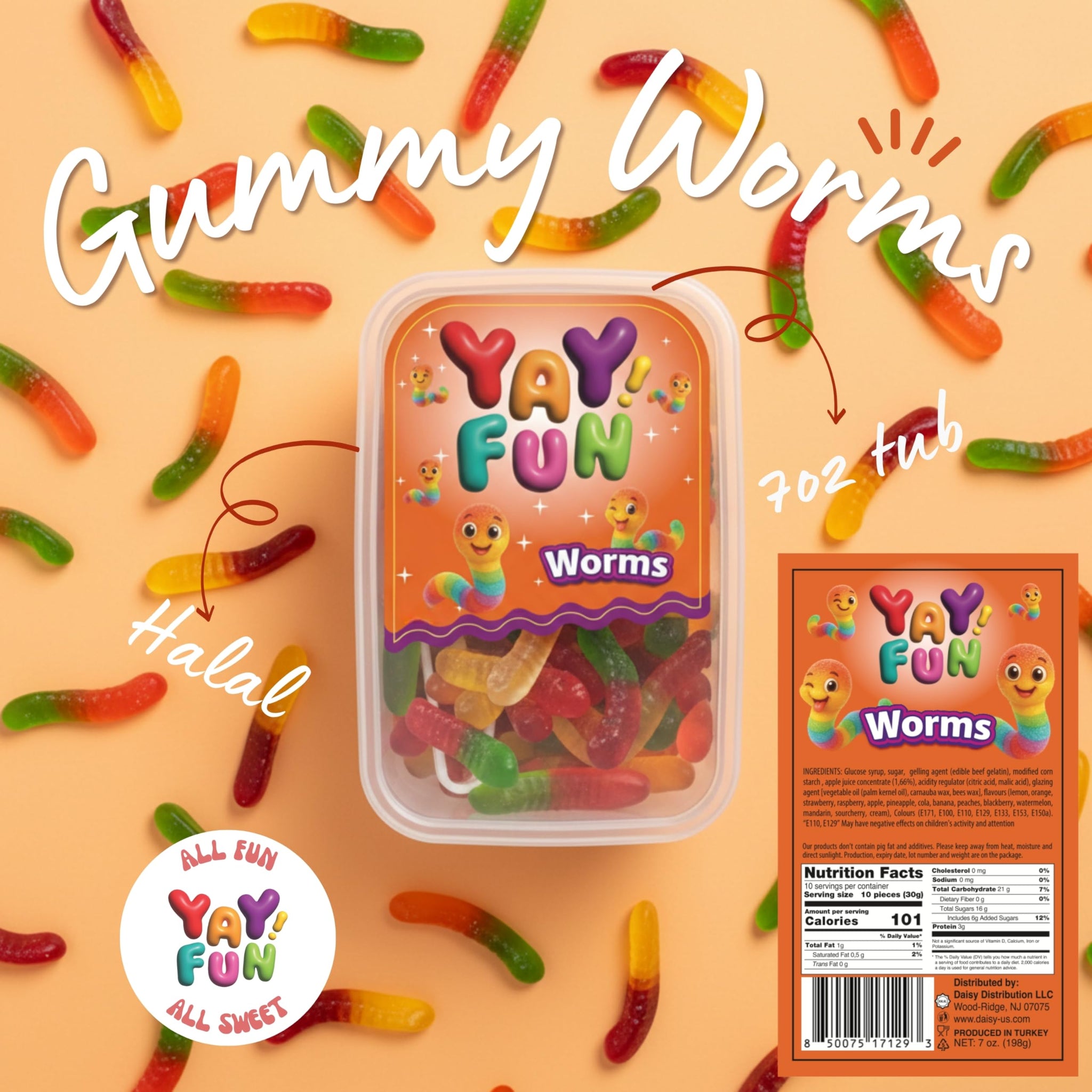 Halal Gummy Worms | 6 Pack Bundle (6x7 oz Tubs) | Colorful Fruit-Flavored Gummy Worms | Resealable Tubs in Bulk with Display Box | Halal Bulk Gummy