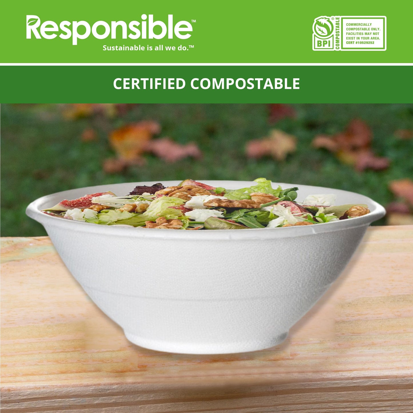 Responsible Products 40 oz Disposable Bowls I Tree-Less™ Compostable Molded Fiber Noodle Bowls I Extra Strength I No Added PFAS I Classic White (50