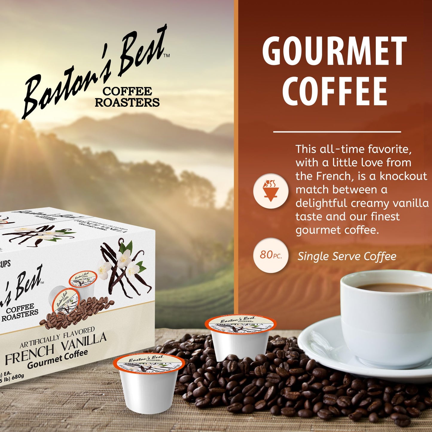 Boston’s Best - French Vanilla Medium Roast Gourmet Delicious Flavored Coffee Compatible with Keurig Coffee Maker, 1 Count (80 Single Serve Cups)