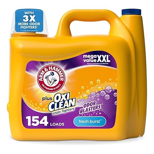 ARM & HAMMER Plus OxiClean with Odor Blasters Liquid Laundry Detergent, Laundry Odor Remover, Attacks Stains, Fresh Burst Scent, 154 Loads, 200.2 Fl