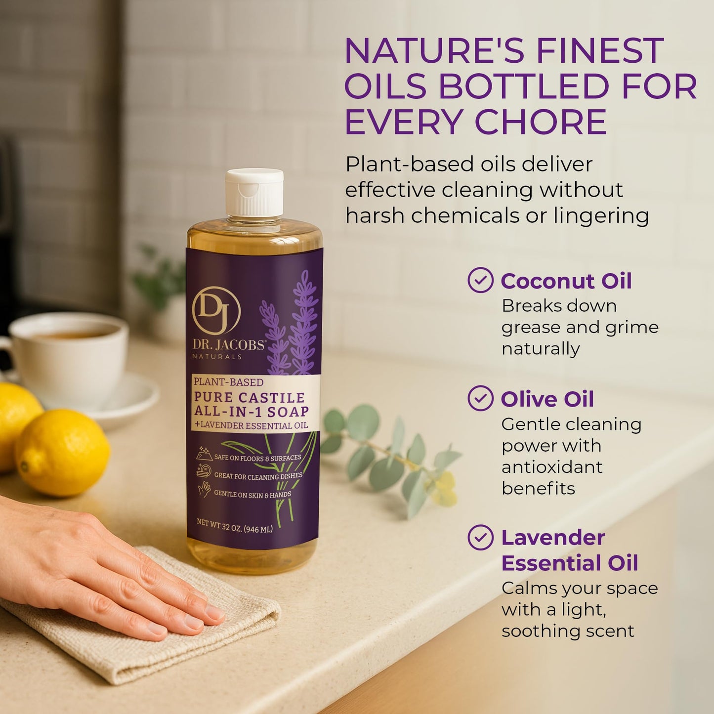 Dr. Jacobs Naturals Lavender Castile All-in-One Cleaner and Soap - Plant-Based Formula for House Cleaning Floors and Appliances - Gentle on Skin