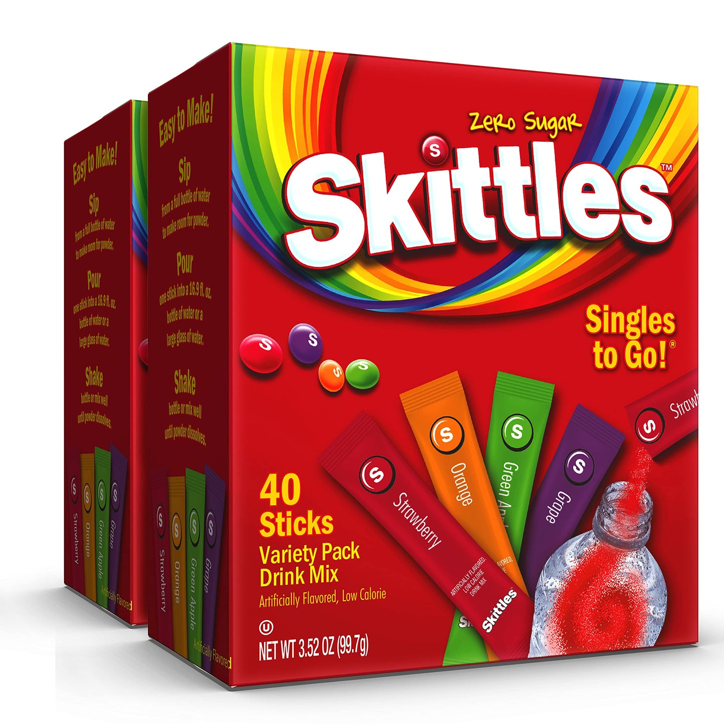 Skittles Zero Sugar Low Calorie Singles To Go Bulk Variety Pack Drink Mix - 2 Boxes of 40 Sticks Each - 80 Total Sticks - 4 Fruity Flavors