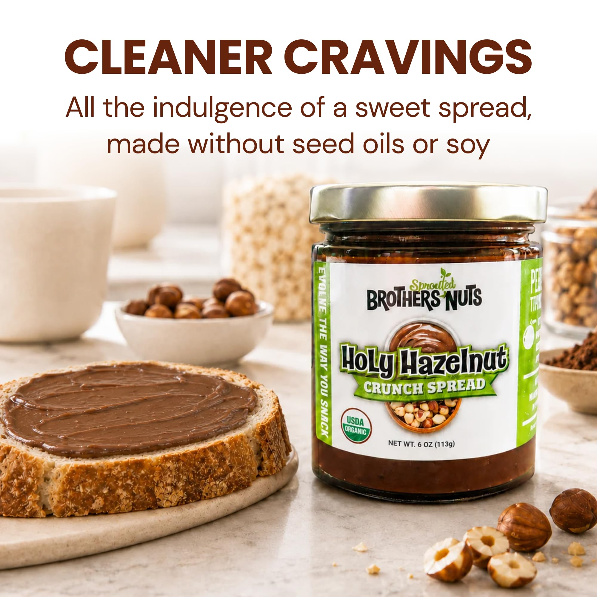 Brothers Nuts Holy Hazelnut Crunch Spread - Toasted Organic Hazelnuts with Sweet & Crunchy Cacao - Vegan, Gluten-Free, Kosher - No Preservatives - 6