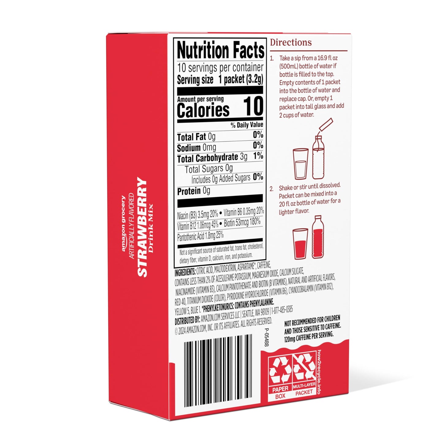 Amazon Grocery, Strawberry Drink Mix with Caffeine, 10 packets, 1.1 Oz
