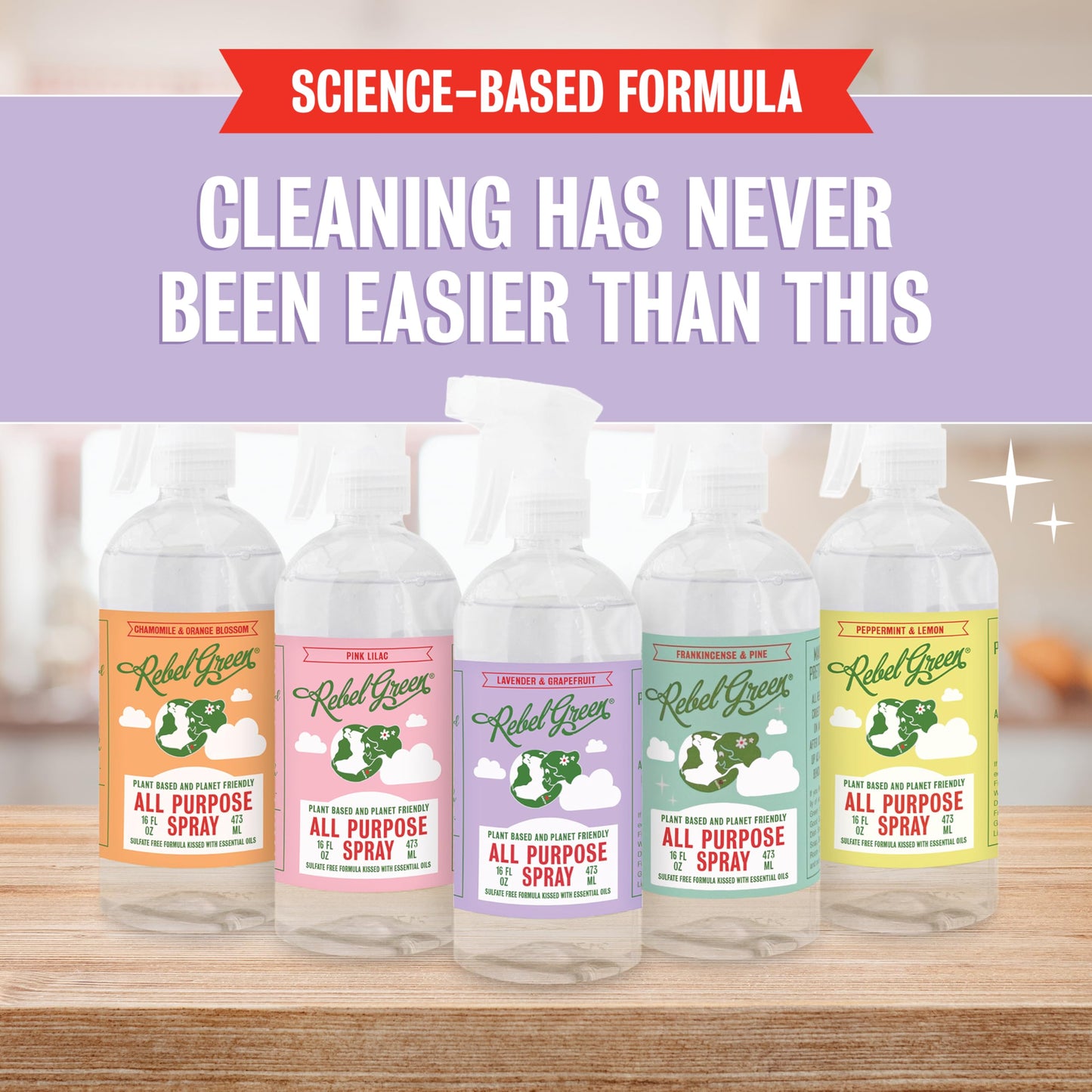 Rebel Green Natural All-Purpose Cleaning Spray - Derived Multi-Surface Cleaner with Essential Oils for Kitchen, Bath, Countertops and More - Lavender