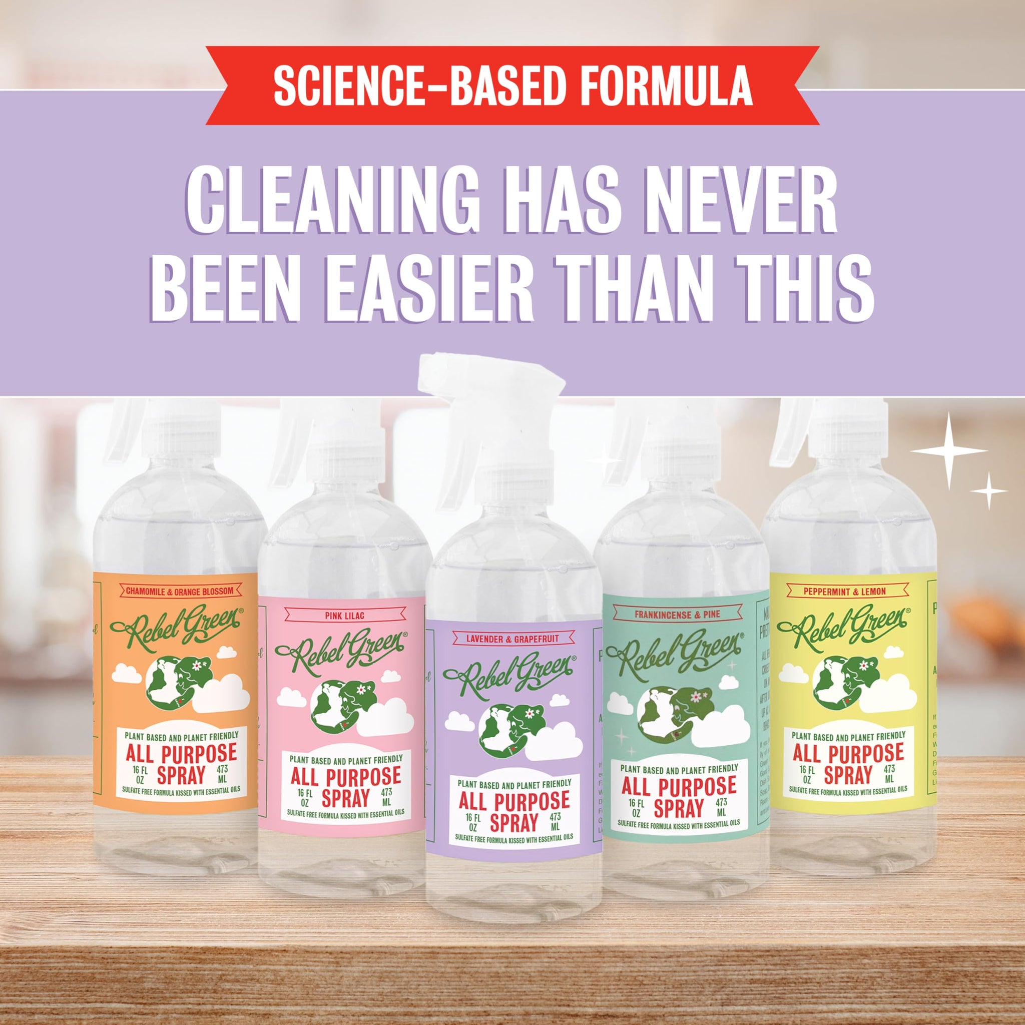 Rebel Green Natural All-Purpose Cleaning Spray - Derived Multi-Surface Cleaner with Essential Oils for Kitchen, Bath, Countertops and More - Lavender