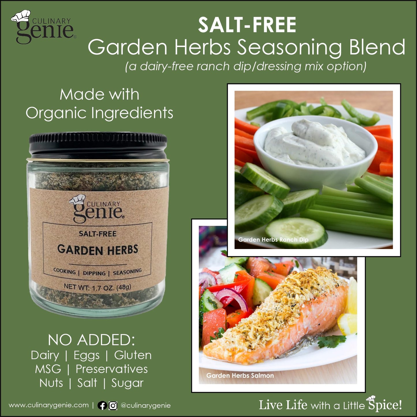 Culinary Genie Salt-Free Garden Herbs Seasoning Blend - Ranch Style Dip & Dressing Mix, Dairy-Free, No Salt Added