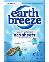 Earth Breeze Laundry Detergent Sheets Fragrance-Free - 60 Loads Eco Liquidless Soap - Travel-Friendly for Hot & Cold Cycles, Tackles Tough Stains