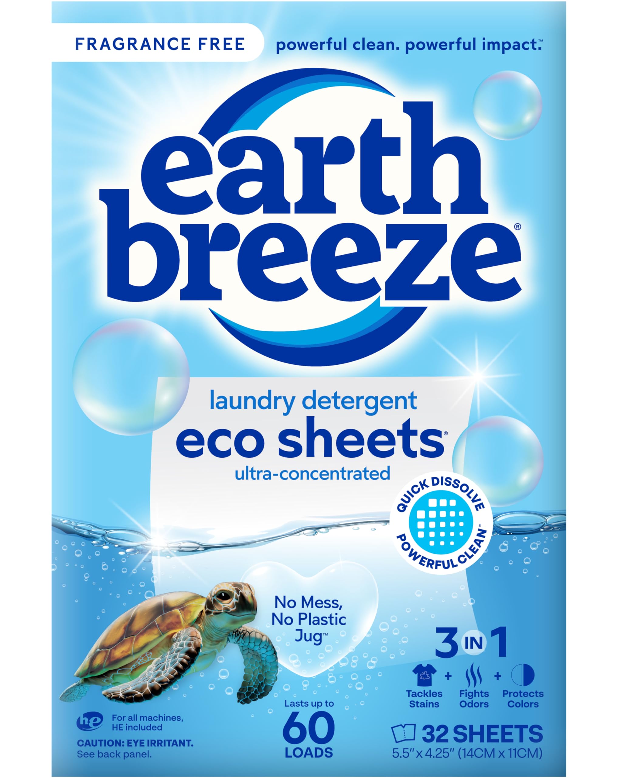 Earth Breeze Laundry Detergent Sheets Fragrance-Free - 60 Loads Eco Liquidless Soap - Travel-Friendly for Hot & Cold Cycles, Tackles Tough Stains