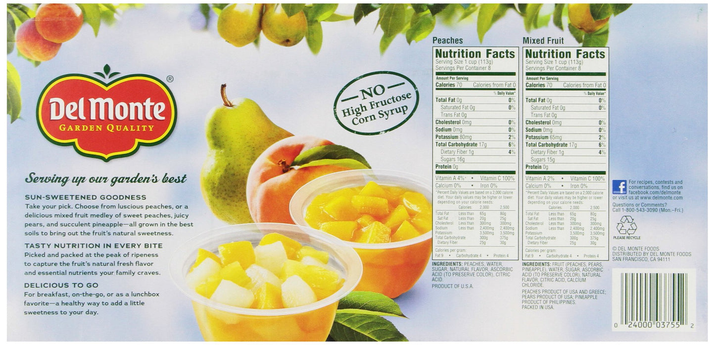 Del Monte Mixed Fruit/Peaches Snack Cup, 16 cups, Net Wt 4 Pound