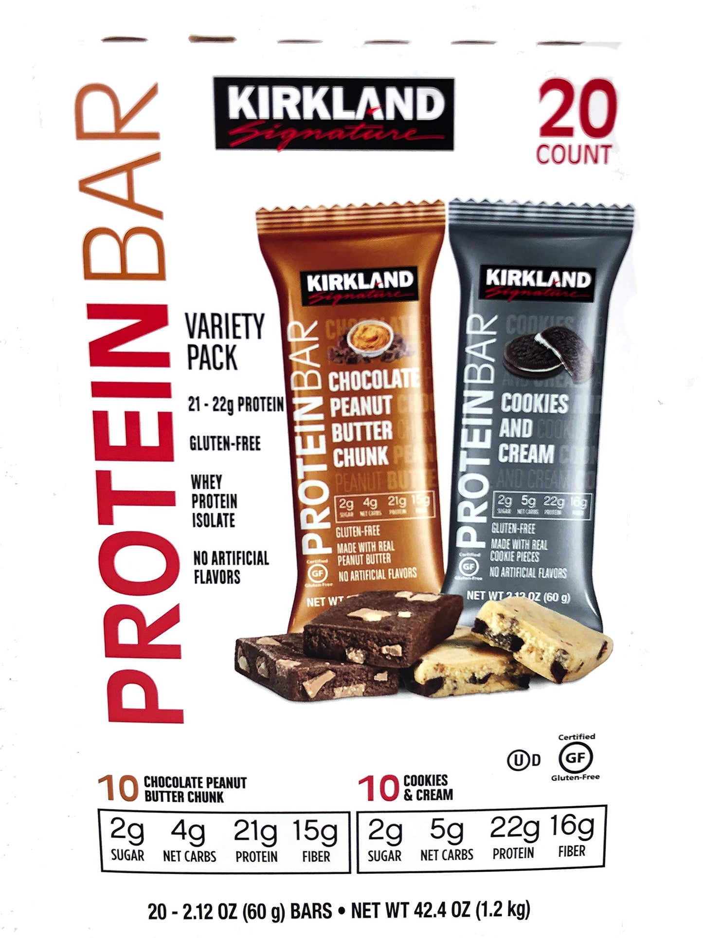 Kirkland Signature Protein Bar Variety Pack 20 Count Chocolate Peanut Butter Chunk & Cookies and Cream Gluten Free 21-22g of Protein 2g Sugar No