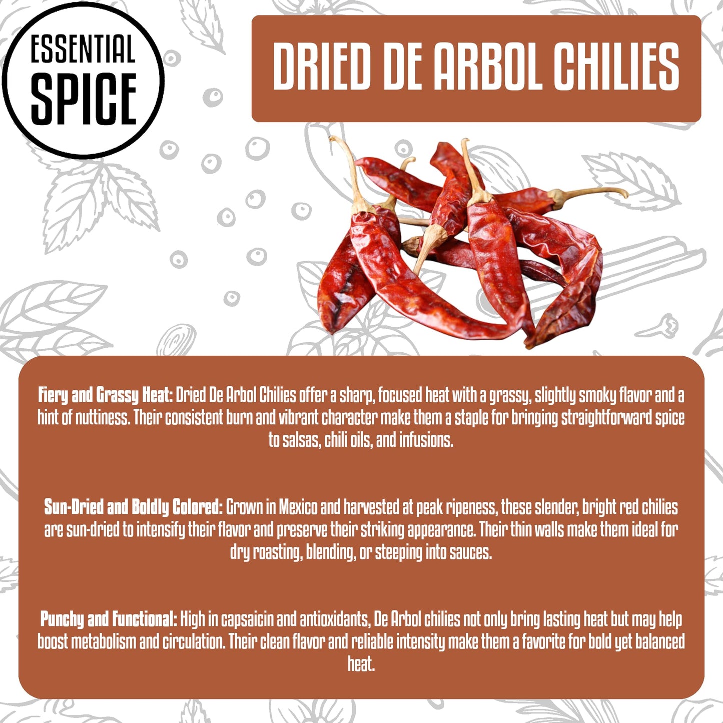 Essential Spice Dried De Arbol Chilies - Fiery Heat with Bright, Grassy Flavor - Whole Dried Chili Pods for Salsas, Oils, Soups & Mexican Dishes