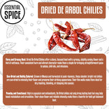 Essential Spice Dried De Arbol Chilies - Fiery Heat with Bright, Grassy Flavor - Whole Dried Chili Pods for Salsas, Oils, Soups & Mexican Dishes