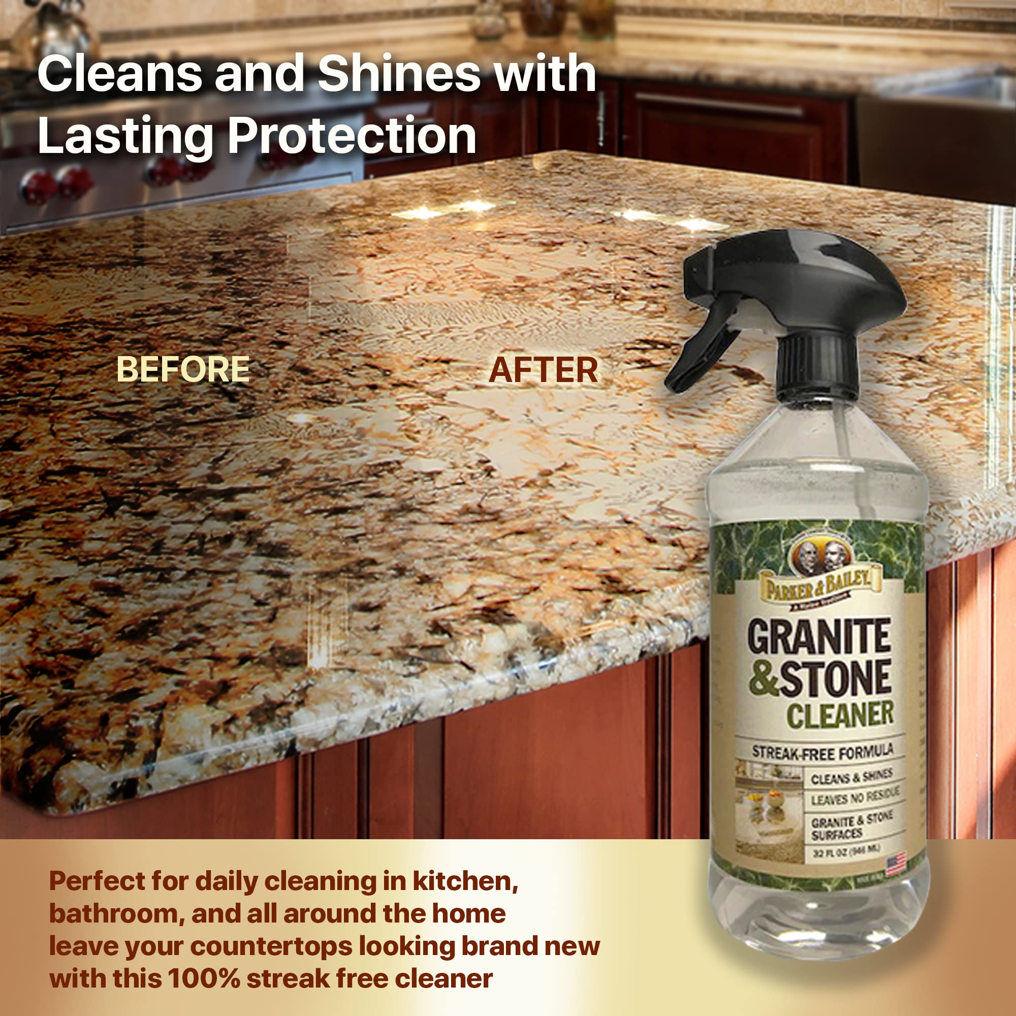 Parker & Bailey Granite & Stone - Countertop Cleaner Kitchen Island Cleaning Spray Marble Tile Slate Quartz Daily Granite Bathroom Counter -White, 32