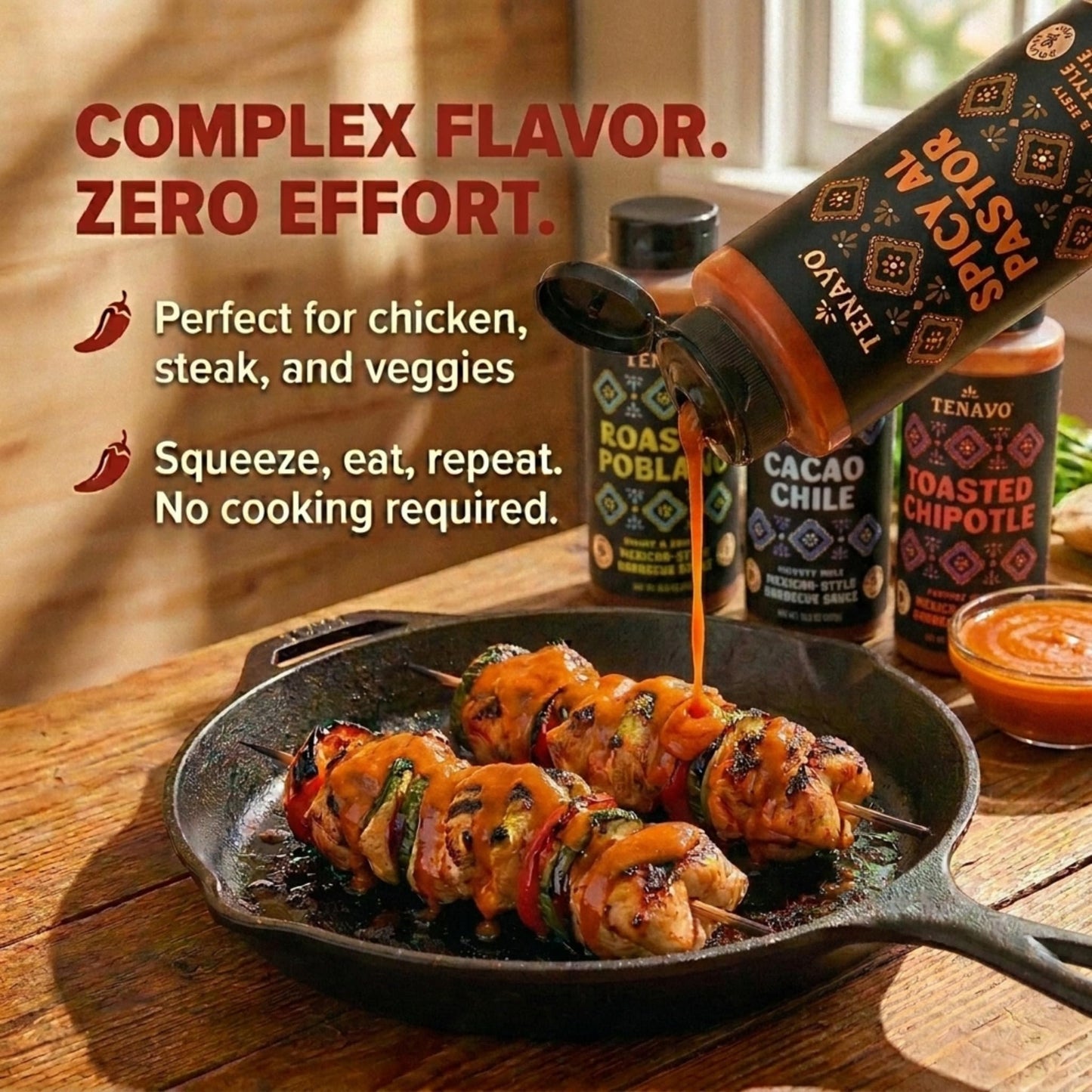 Tenayo Mexican Style Barbecue Sauce 4-Pack Variety (14.5 oz Bottles) - Spicy Al Pastor, Roasted Poblano, Toasted Chipotle & Cacao Chile - Low Sugar