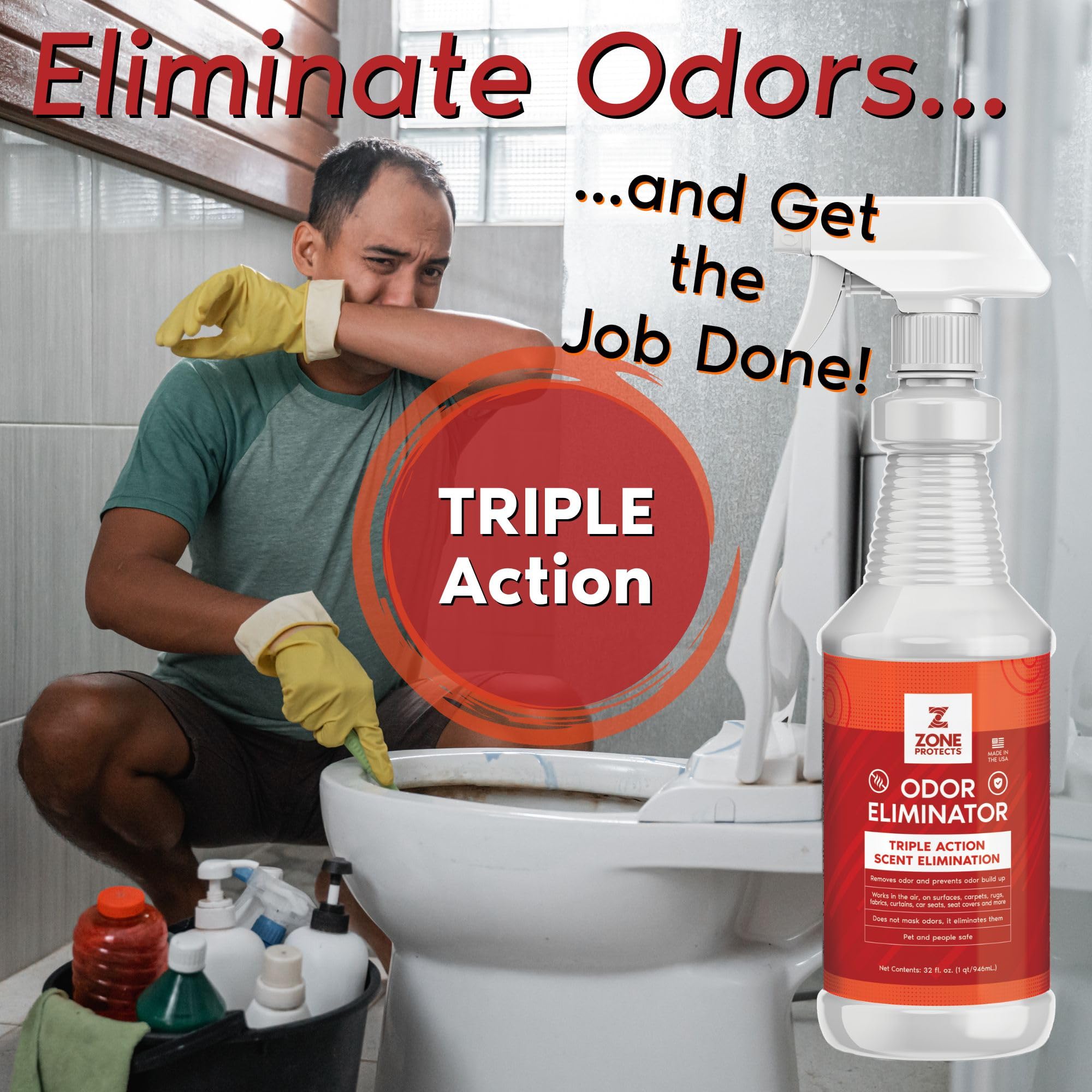 Zone Protects POWER Home Odor Eliminator Spray; 32oz Triple Action Formula Eliminates Smells and Odors; Multi-Use, Safe and Highly Effective