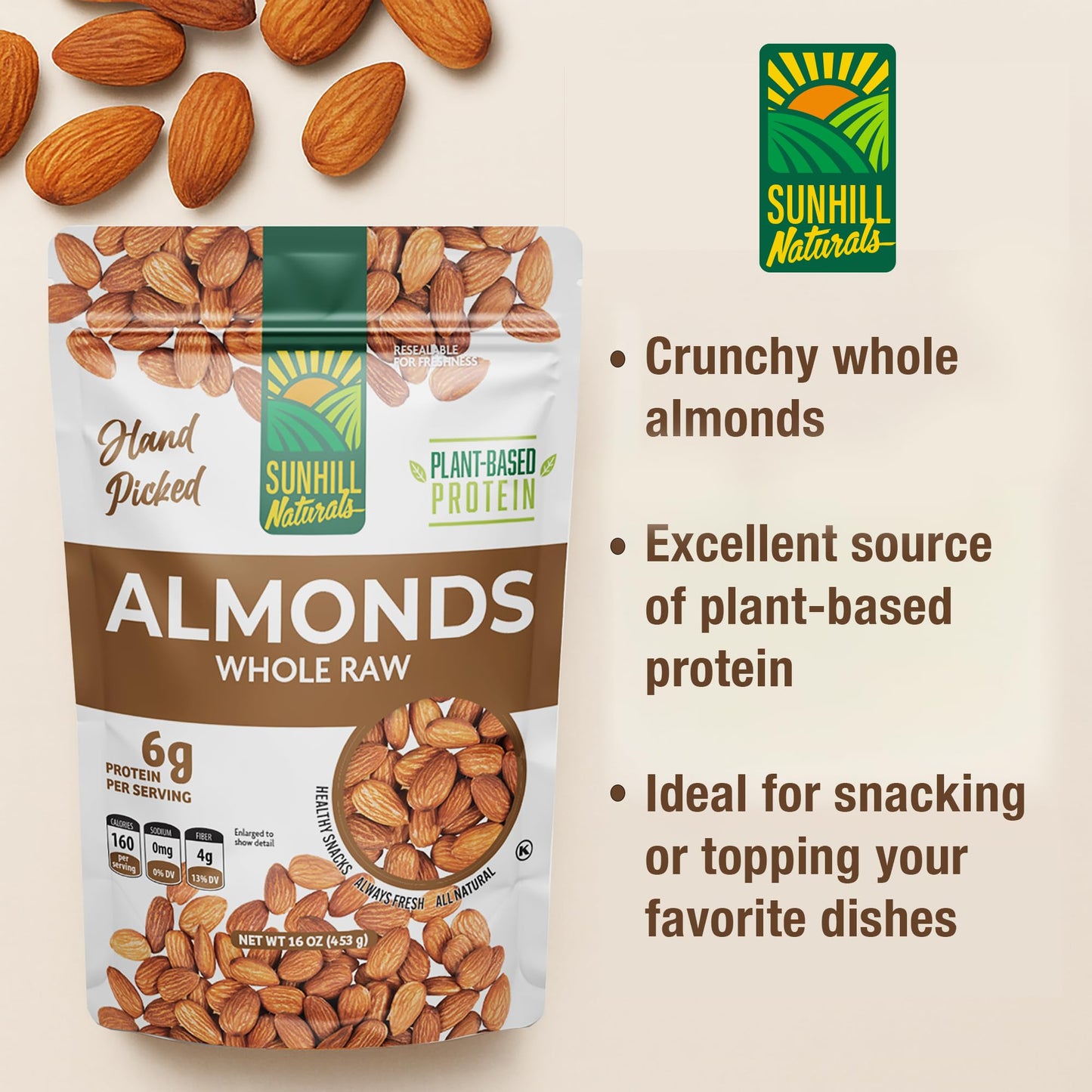 Sunhill Naturals Raw Whole Almonds | Heart-Healthy Omega 3 Raw Almonds | Omega 3 Nuts for Snacking | Keto Snacks for Adults and Kids
