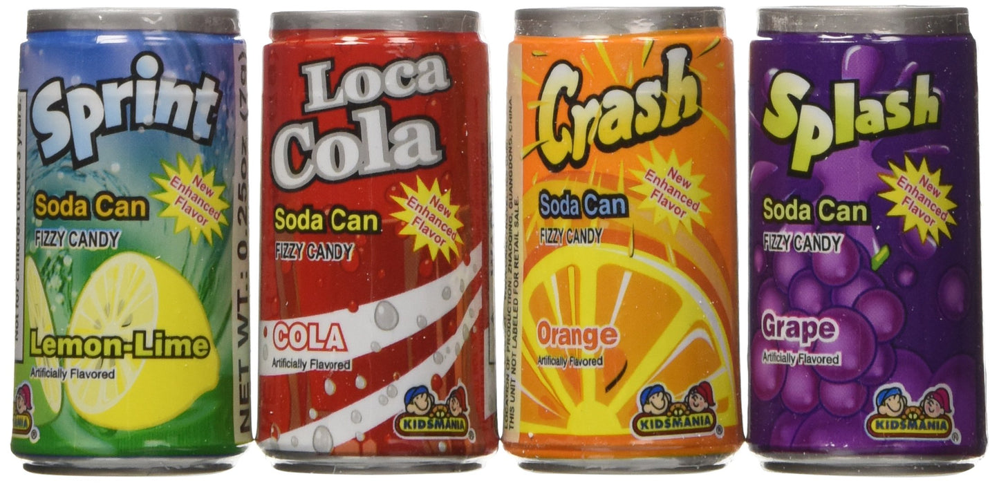 Kidsmania Soda Can Fizz Candy Variety Pack: Sprint Lemon Lime, Loca Cola, Crash Orange, Splash Grape - 0.25 Ounce, 72-Pack